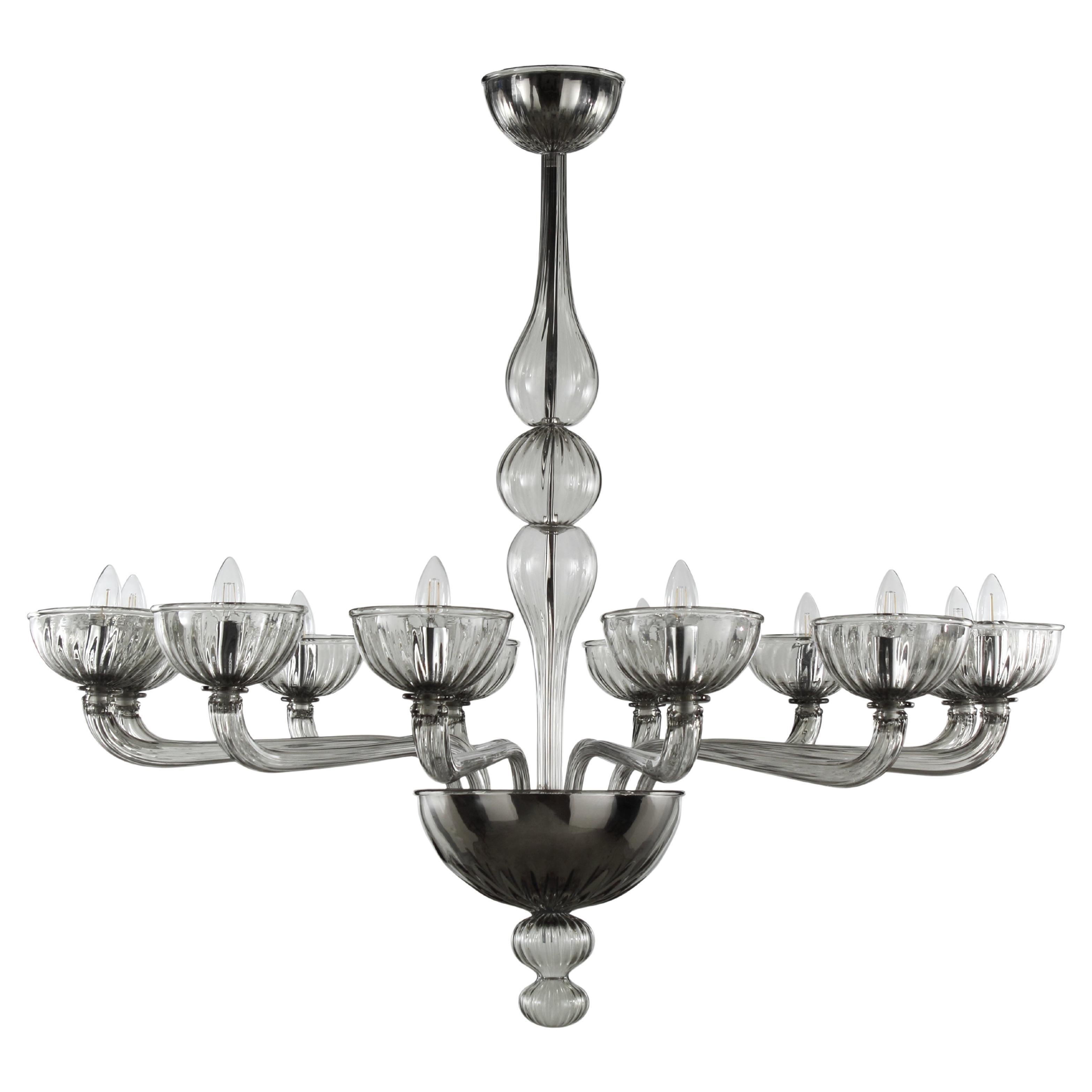 Rigadin Chandelier 12 Arms Light Grey Murano Glass Edgar by Multiforme For Sale