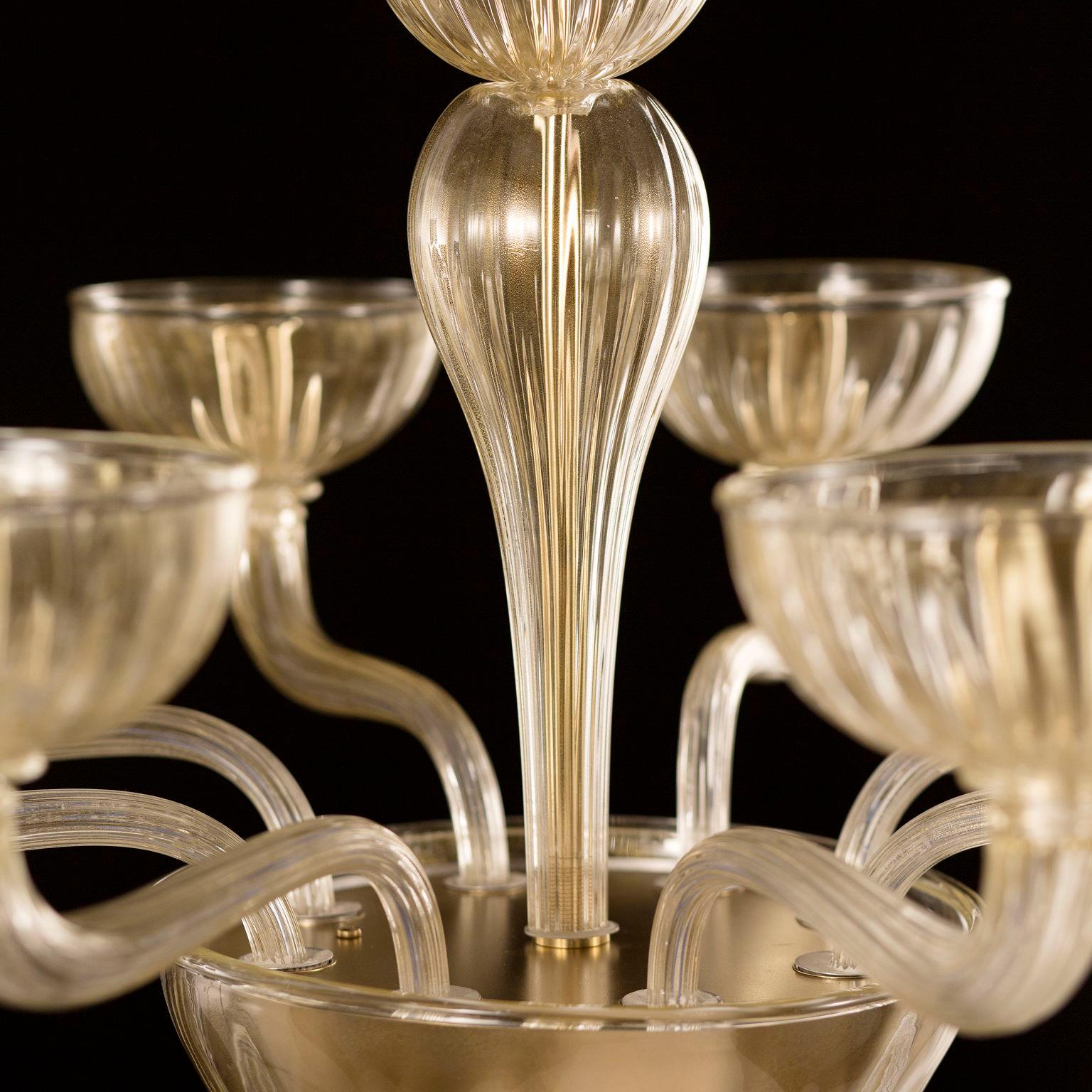Lustre Edgar, 8 lumières, feuille d'or rigadin verre de Murano par Multiforme
Le lustre en verre de Murano Edgar est l'un des lustres de nos collections qui se distingue par ses formes harmonieuses et équilibrées. Nous avons conçu un lustre à la