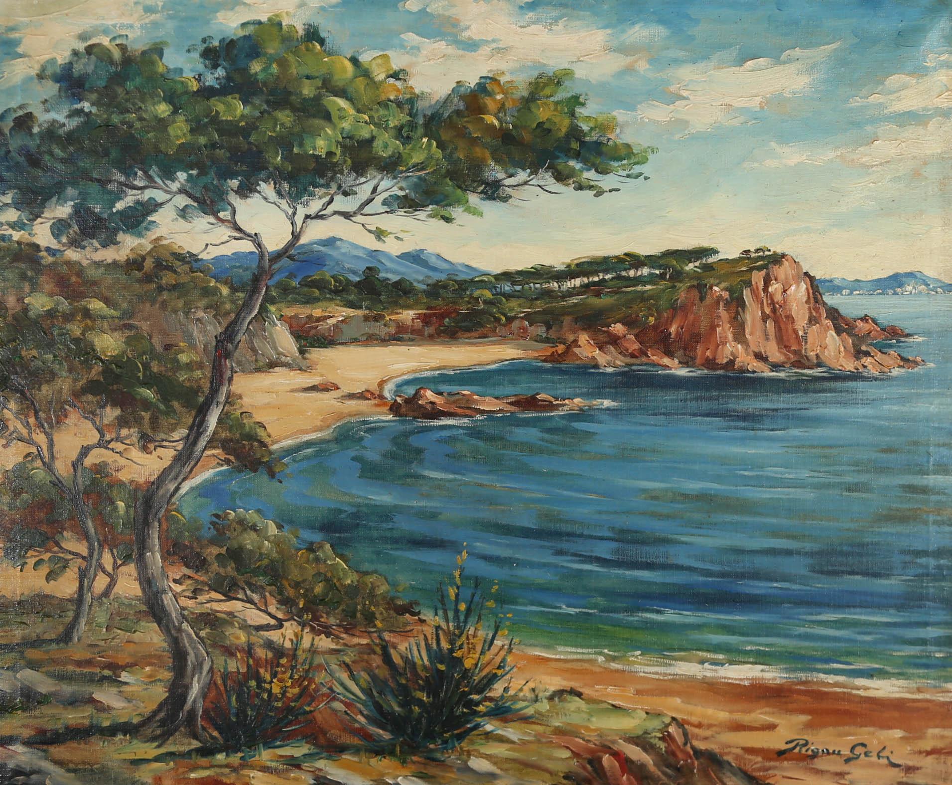 A vibrant mid-century oil depicting the sandy bay of Cala Sa Conca in the Costa Brava Region of Spain. Signed to the lower right-hand corner. Well presented in an attractive shabby chic style frame with decorative floral and foliate emboss pattern.