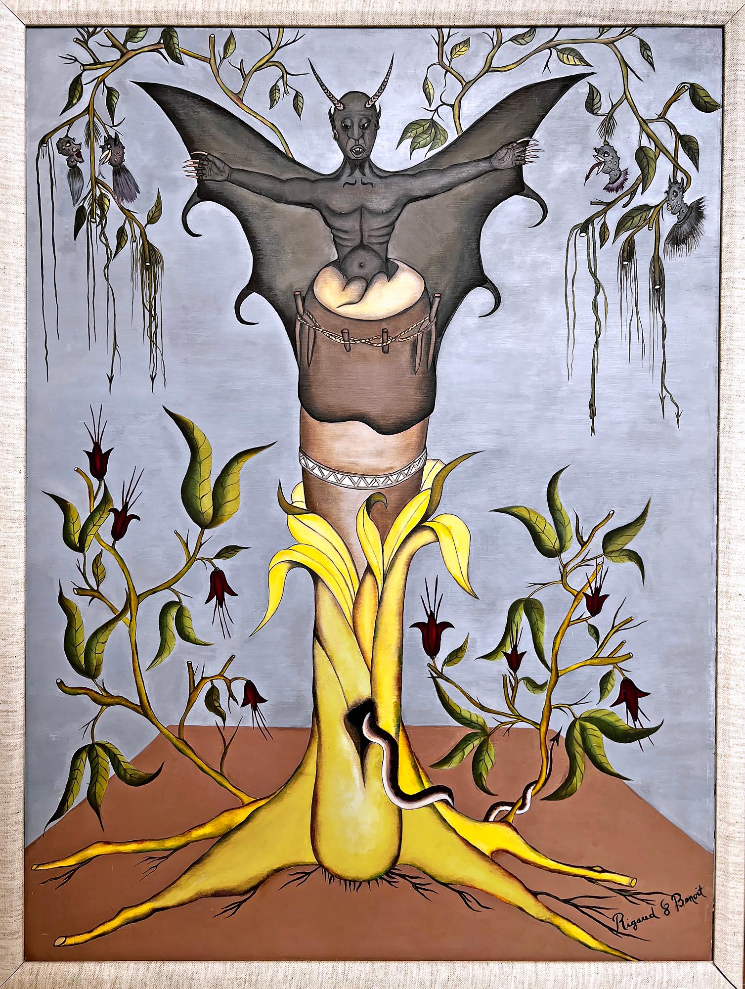 Devil Emerges from Surrealist Voodoo Drum  - Sans titre (Diable) - Painting by Rigaud Benoit