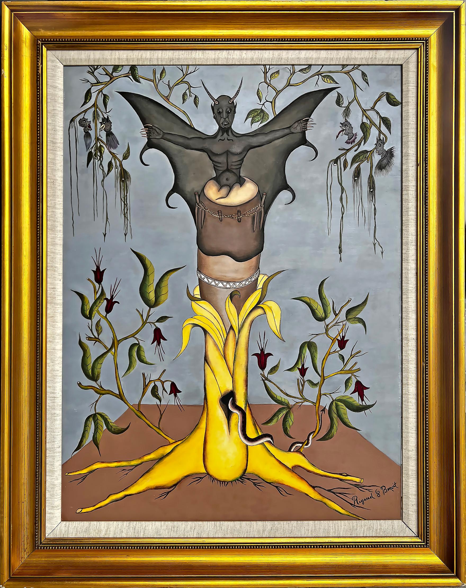 An image of a horned devil with pointy claws and bat-like wings emerges from a Voodoo drum. He has with arms stretched out like a Christ figure. The drum grows out of a yellow plant-like tree with an opening at its base from which the devil's