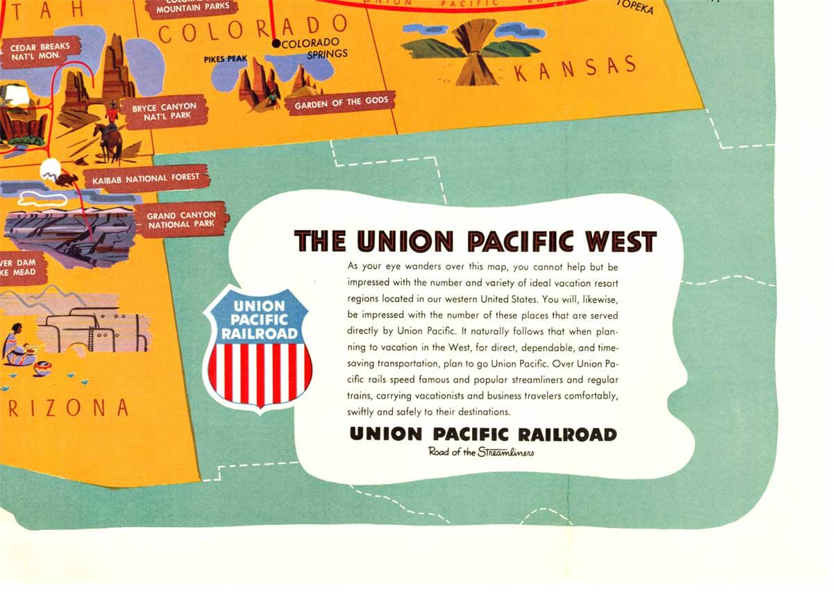 Original “The Union Pacific West fun map, archivally linen backed in very good condition. Ready to frame.   This was initially folded, and the fold marks were mitigated during linen backing.
Note that the backside of the poster has more information
