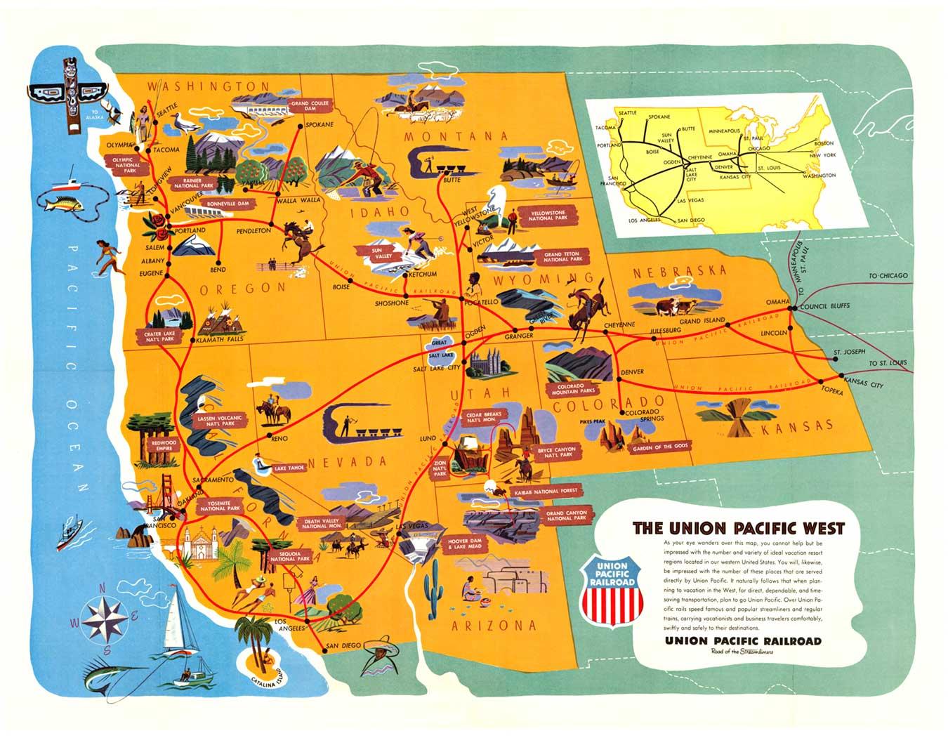 Rigby Landscape Print - Union Pacific West vintage fun map railroad travel poster