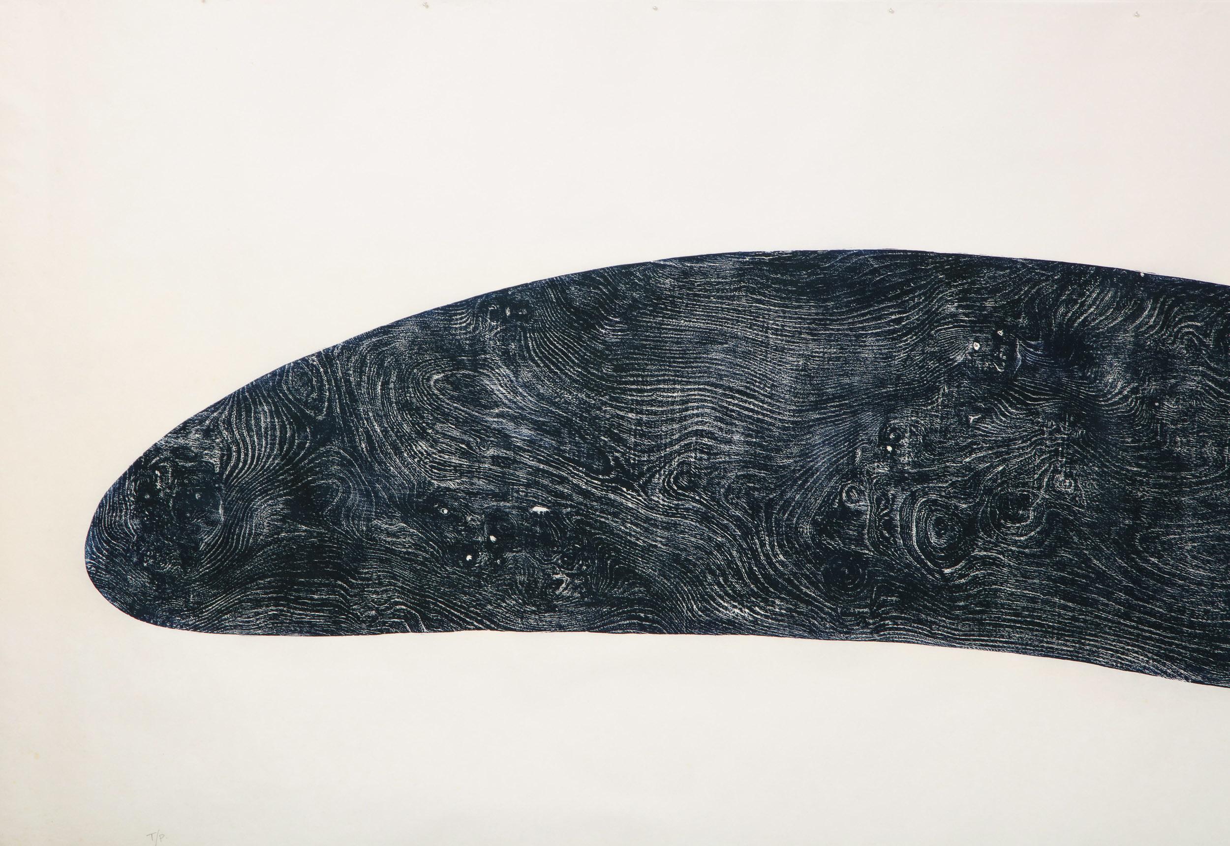 “Right Whale ‘Facing Left’” a limited edition woodblock print on handmade silked paper by English artist Julian Meredith. 
Julian Meredith (b 1952) trained at Exeter College of Art. He has exhibited in the Royal Academy. Collections include the