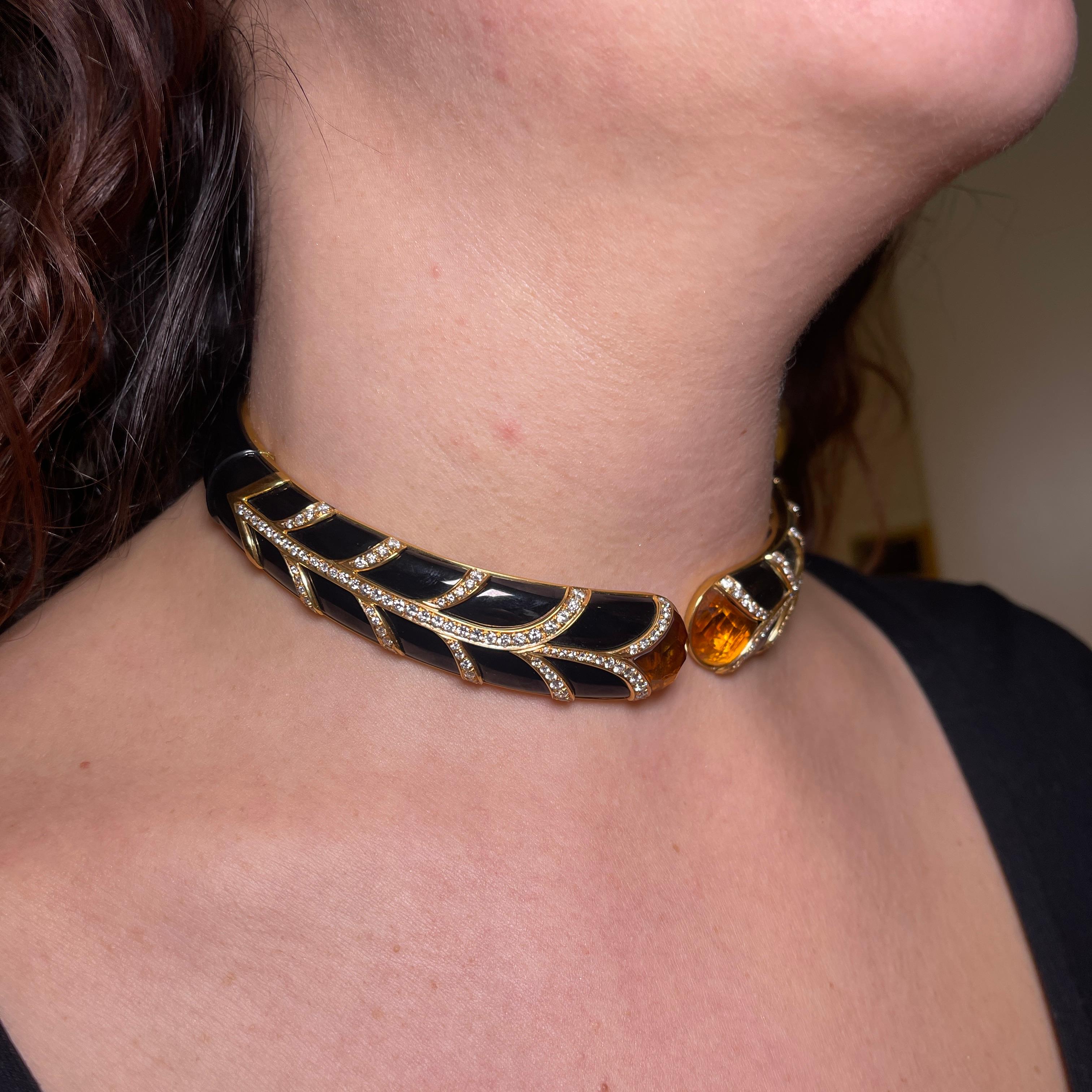 Rigid Yellow Gold Choker with Black Enamel, Diamonds, and Topaz For Sale 5