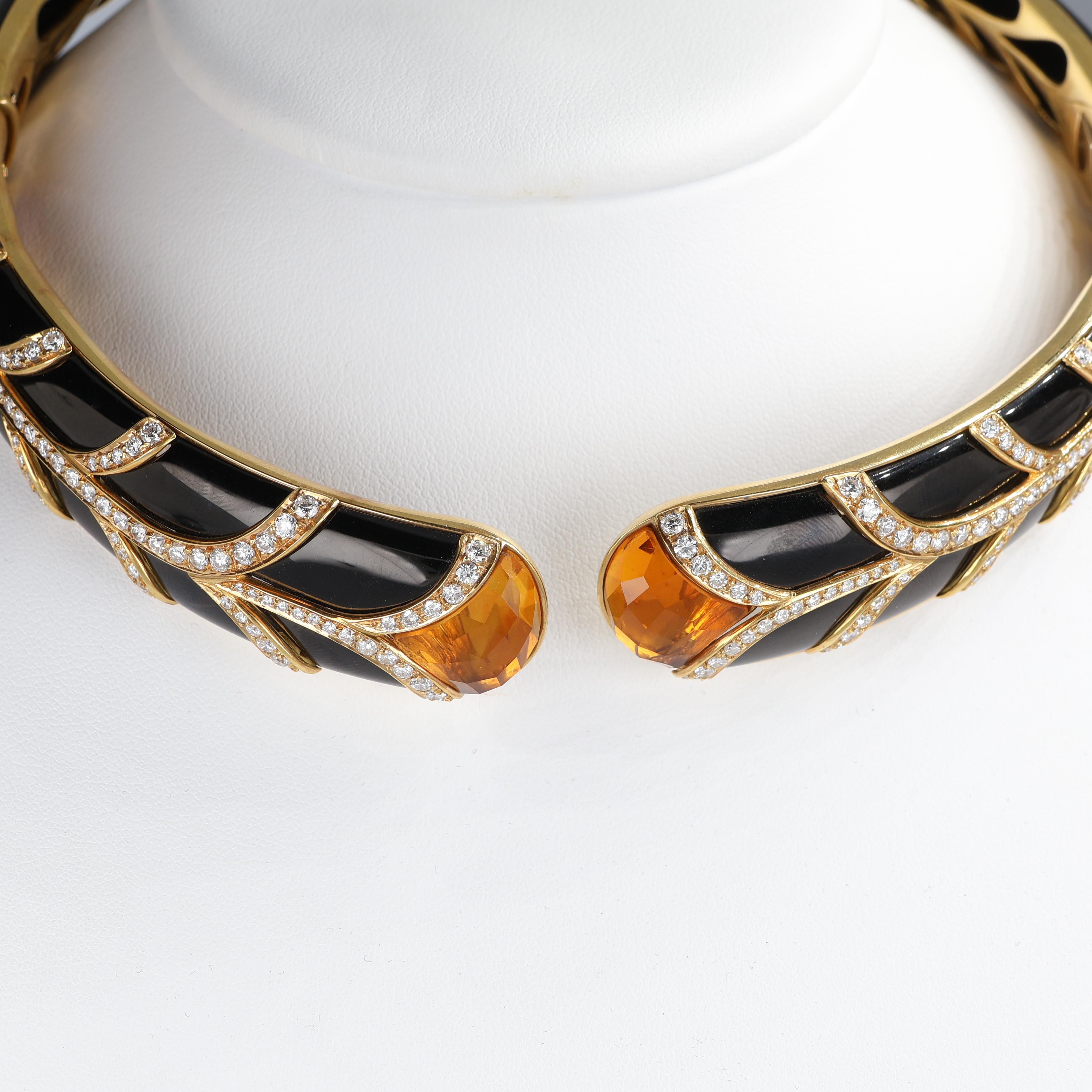 Brilliant Cut Rigid Yellow Gold Choker with Black Enamel, Diamonds, and Topaz For Sale