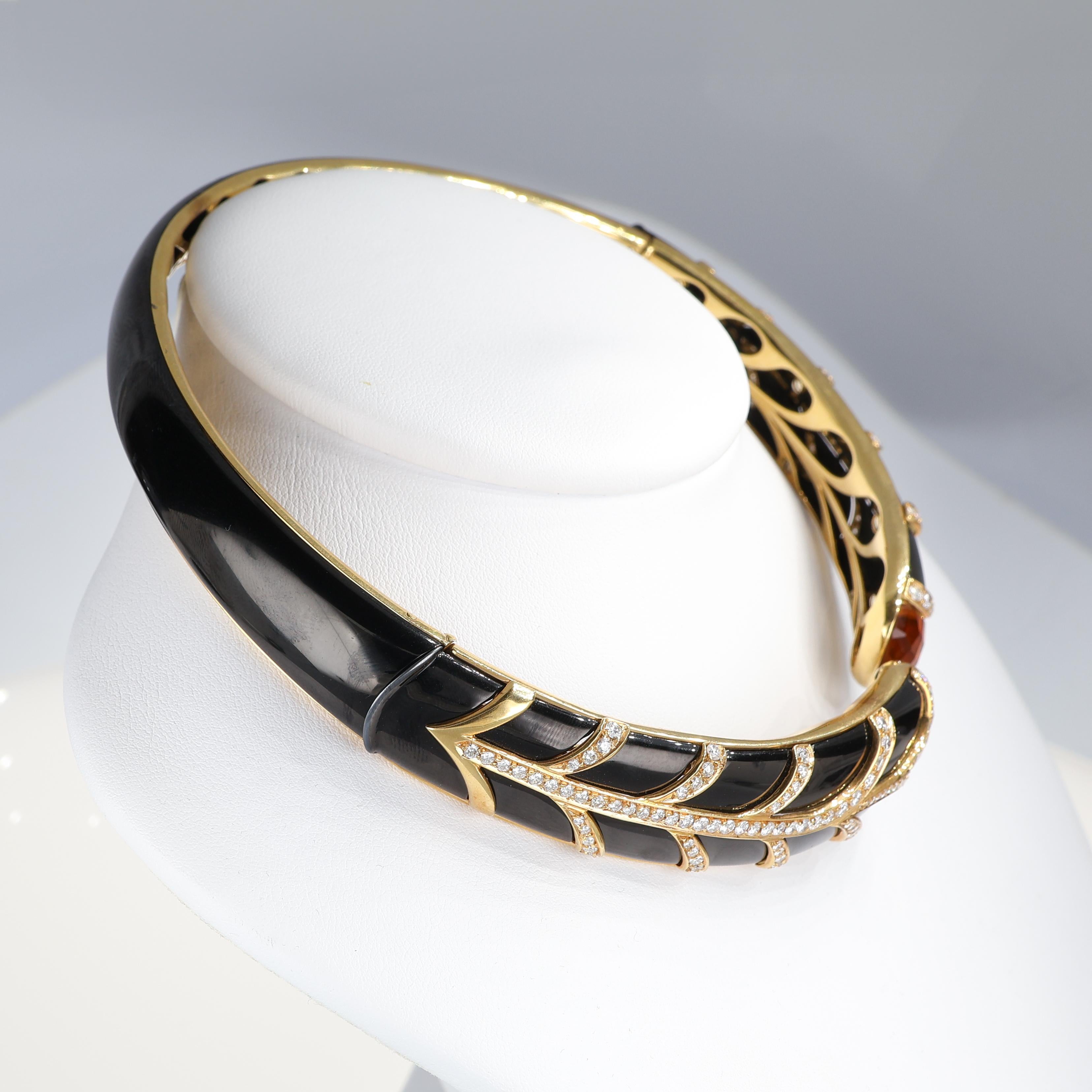 Women's or Men's Rigid Yellow Gold Choker with Black Enamel, Diamonds, and Topaz For Sale