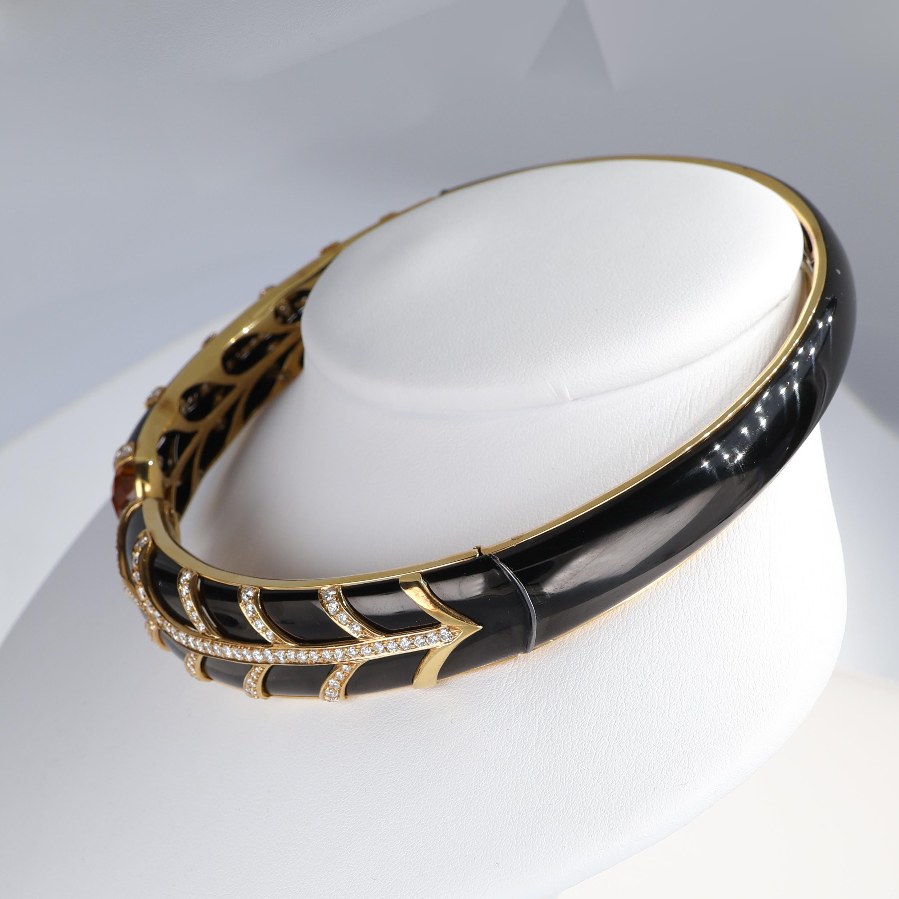 Rigid Yellow Gold Choker with Black Enamel, Diamonds, and Topaz For Sale 1