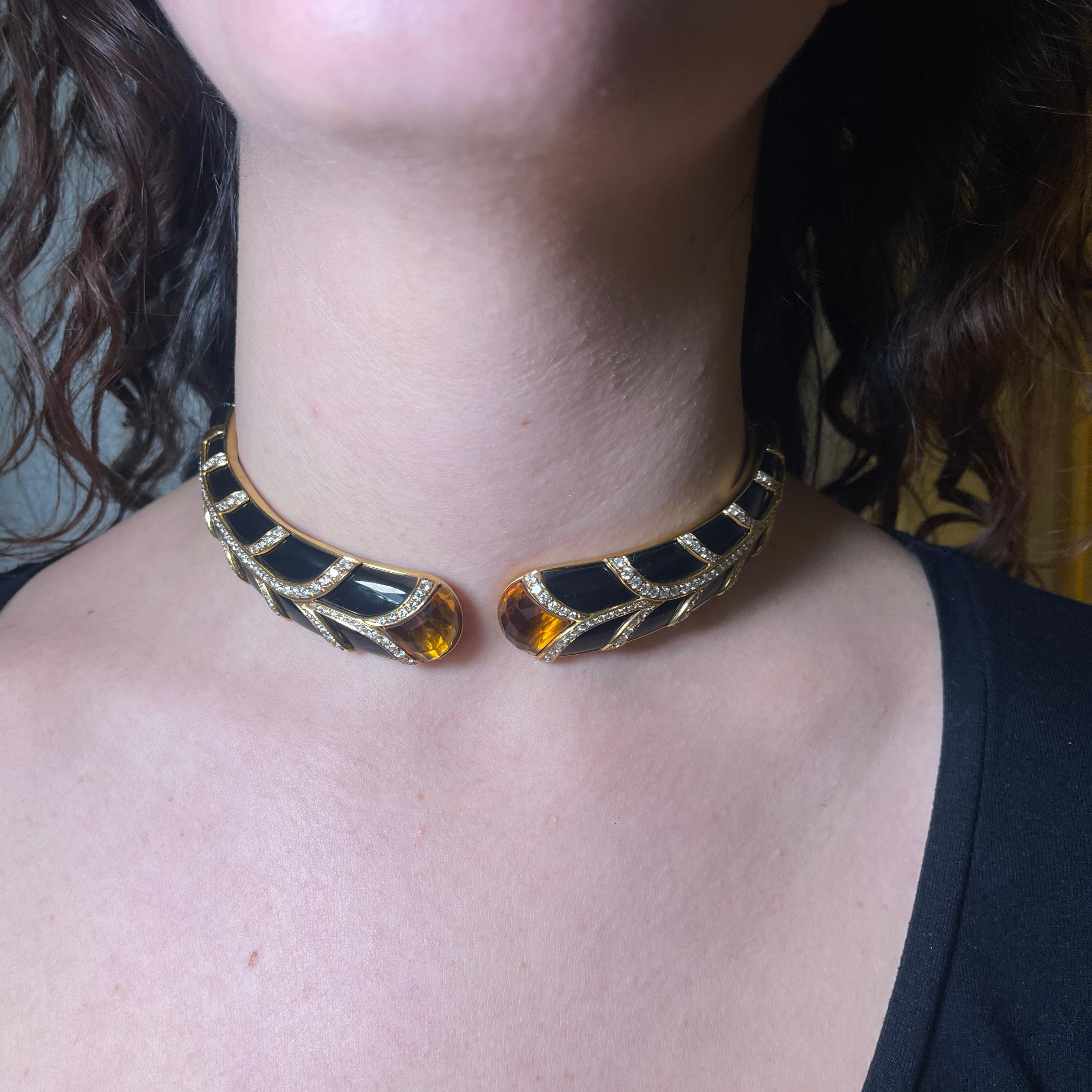 Rigid Yellow Gold Choker with Black Enamel, Diamonds, and Topaz For Sale 3