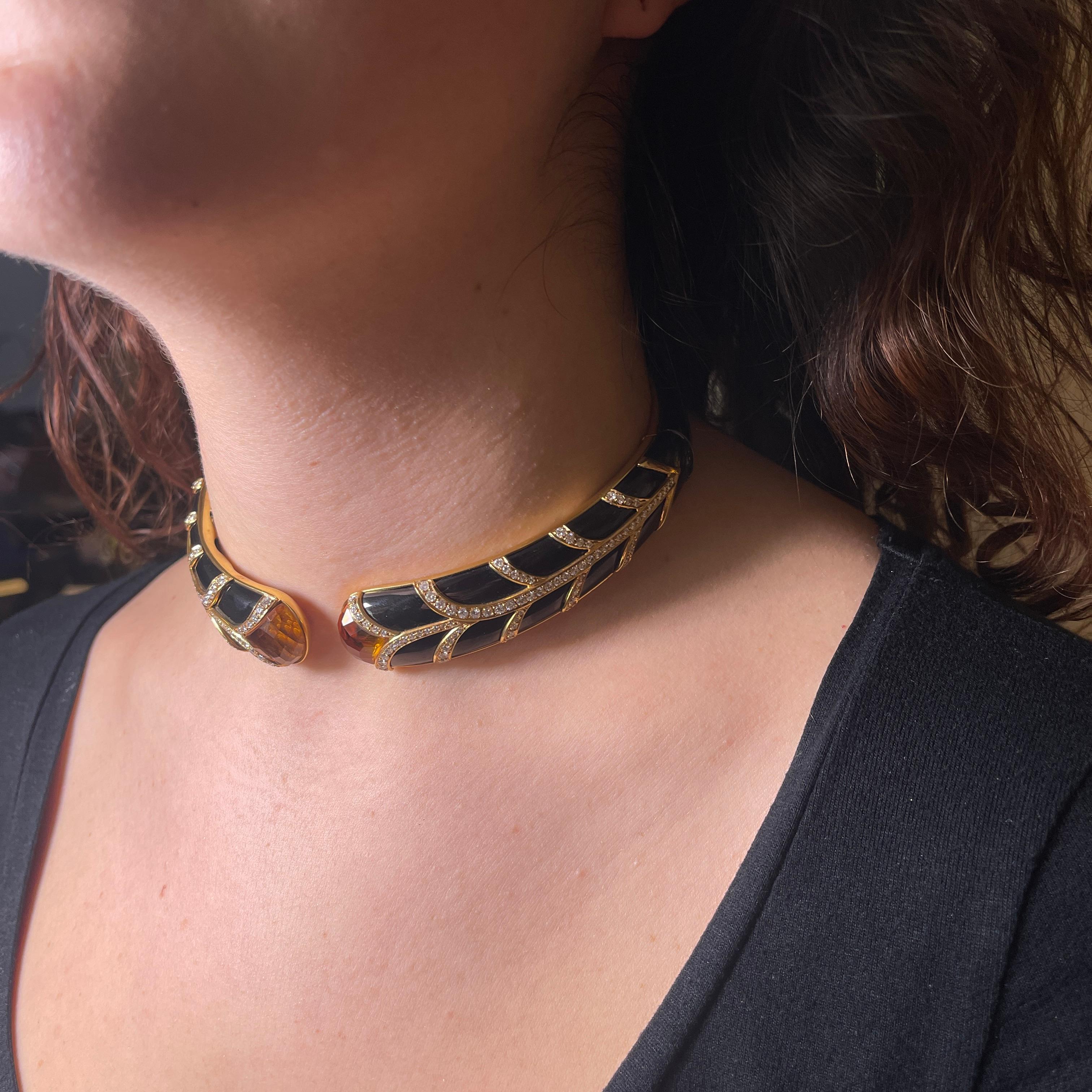 Rigid Yellow Gold Choker with Black Enamel, Diamonds, and Topaz For Sale 4