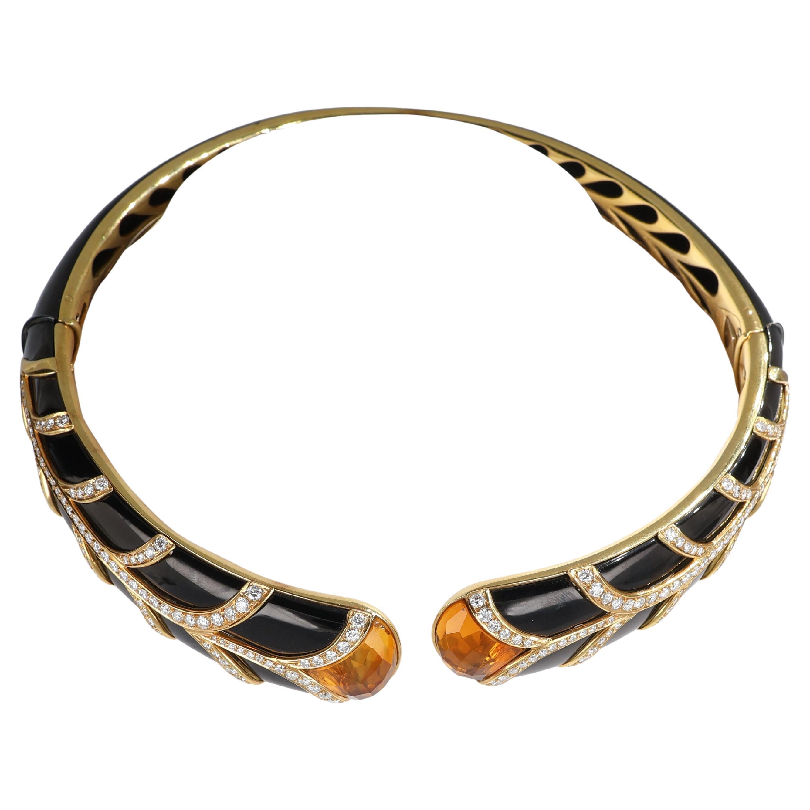 Rigid Yellow Gold Choker with Black Enamel, Diamonds, and Topaz For Sale