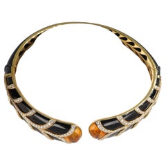 Rigid Yellow Gold Choker with Black Enamel, Diamonds, and Topaz
