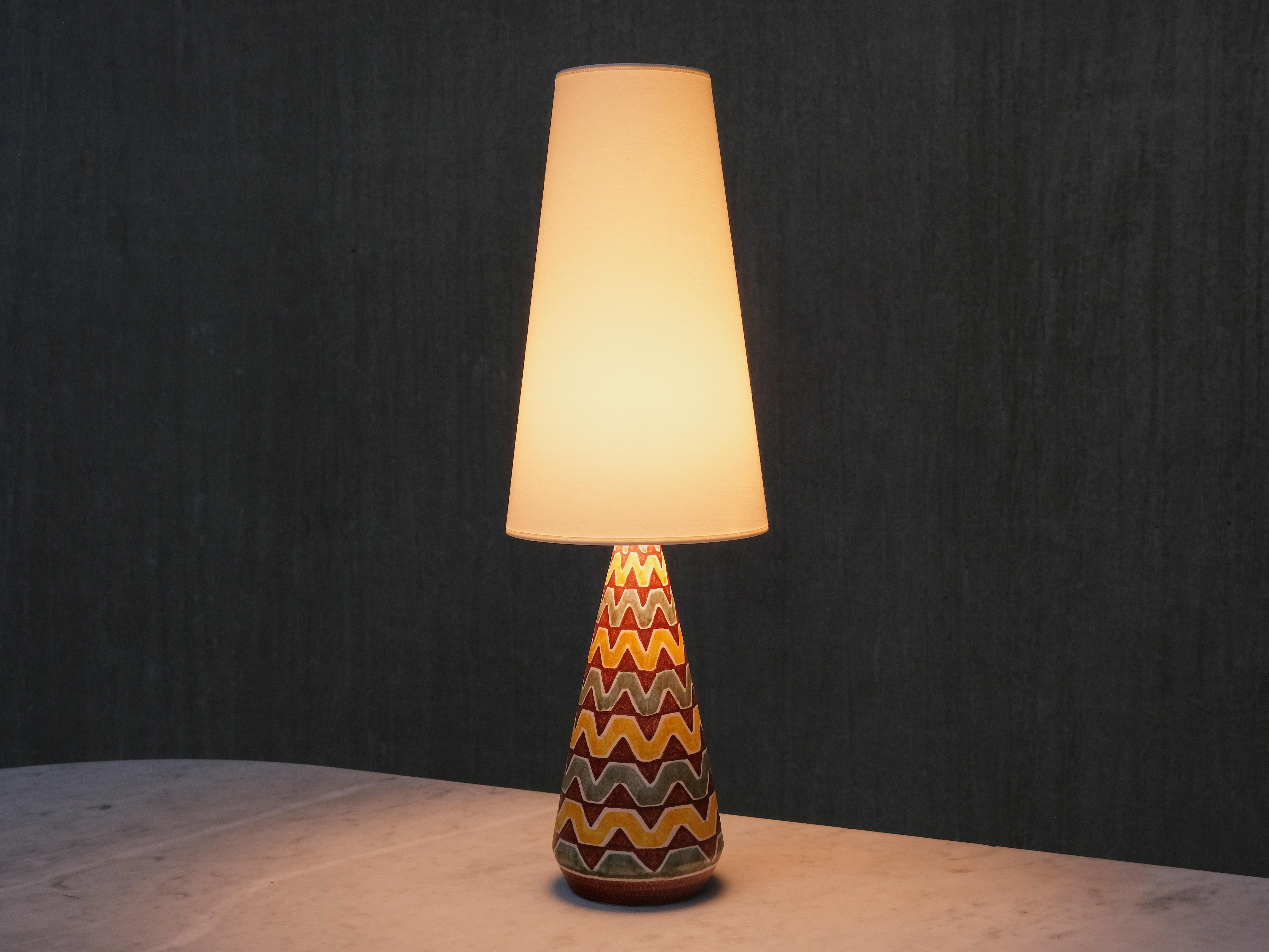 Rigmor Nielsen Ceramic Table Lamp with Zig Zag Pattern, Søholm, Denmark, 1960s Danés en venta
