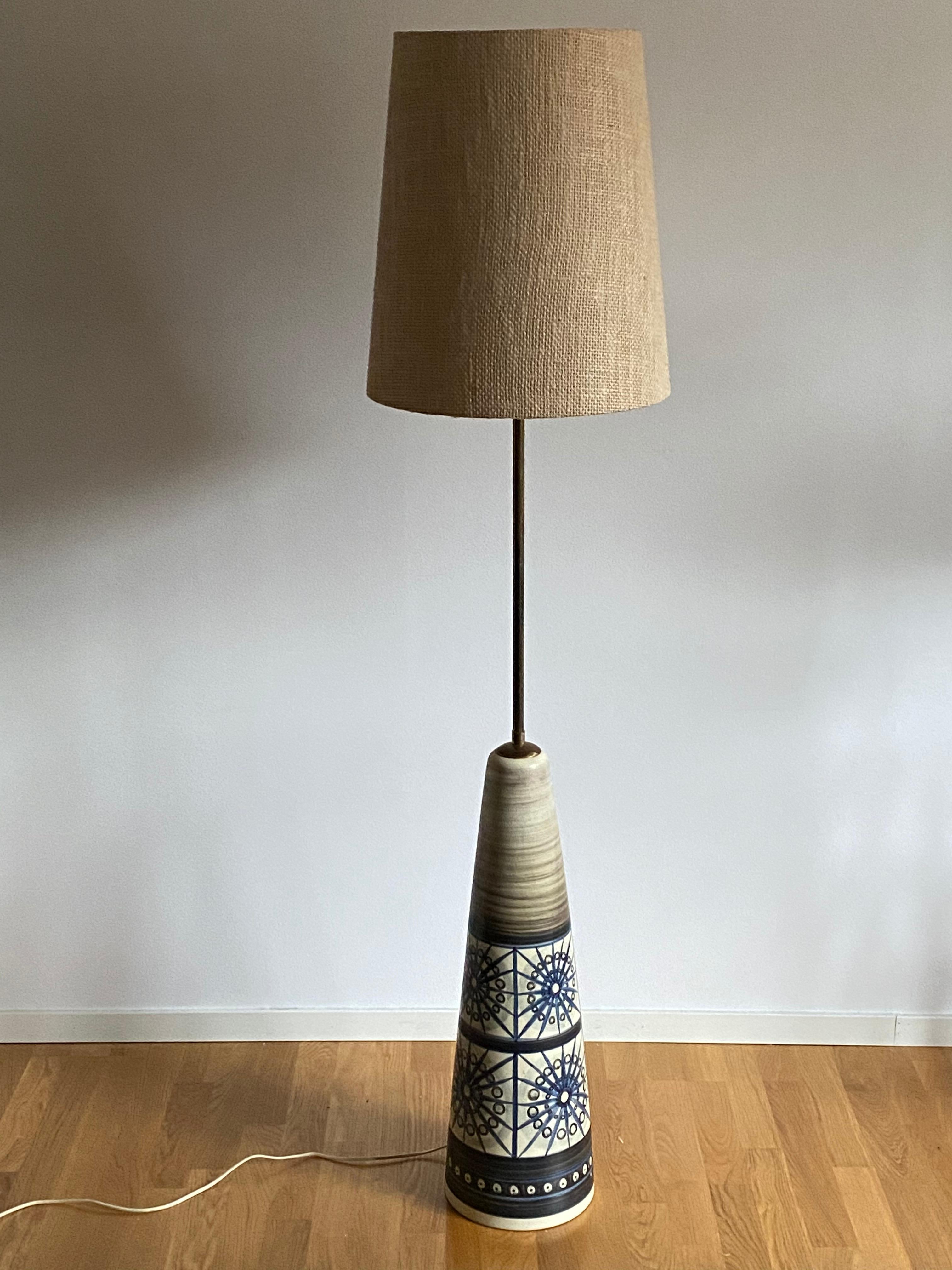 Scandinavian Modern Rigmor Nielsen, Floor Lamp, Hand Painted Ceramic, Brass, Søholm, Denmark, 1960s