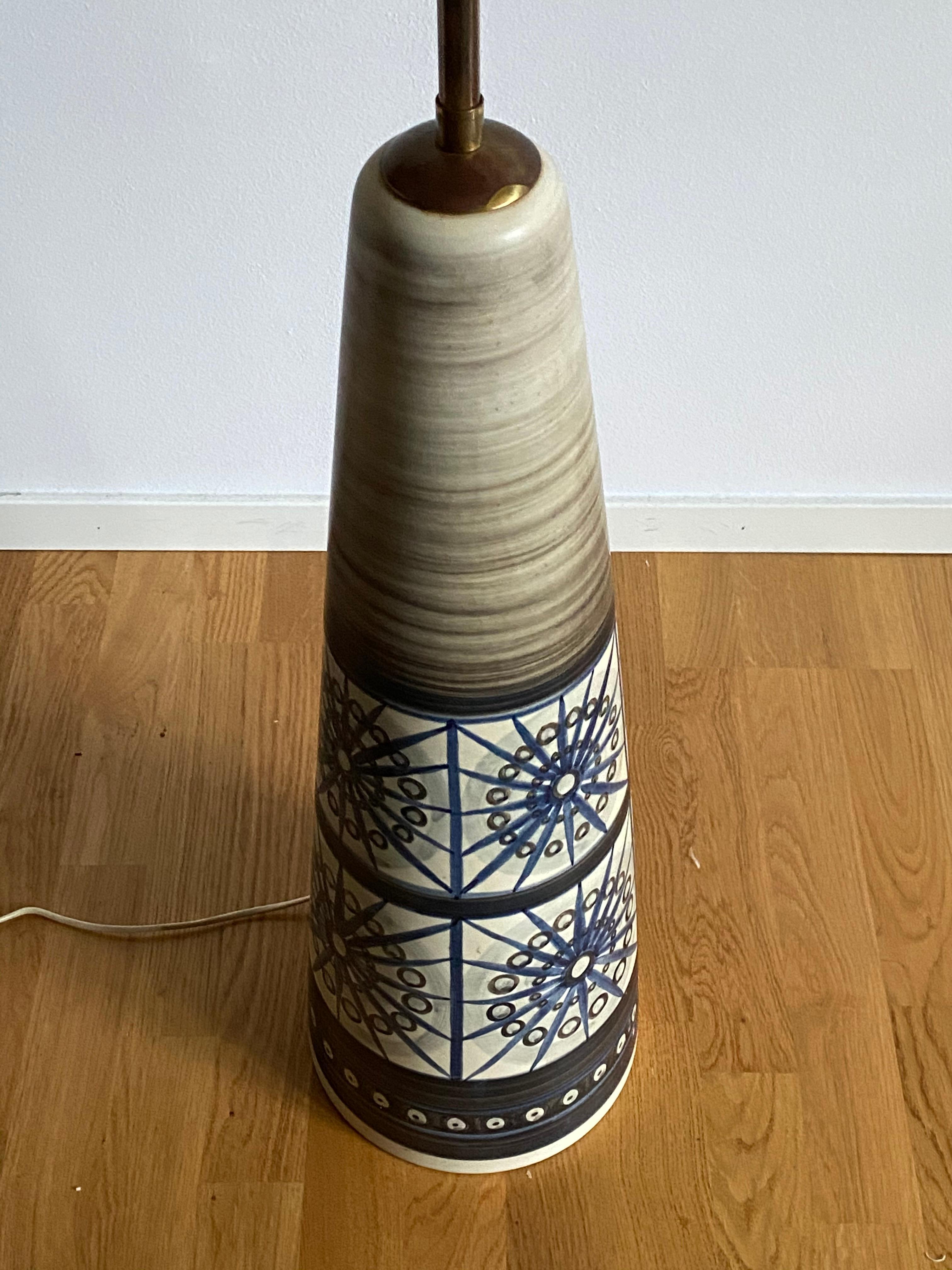 Danish Rigmor Nielsen, Floor Lamp, Hand Painted Ceramic, Brass, Søholm, Denmark, 1960s
