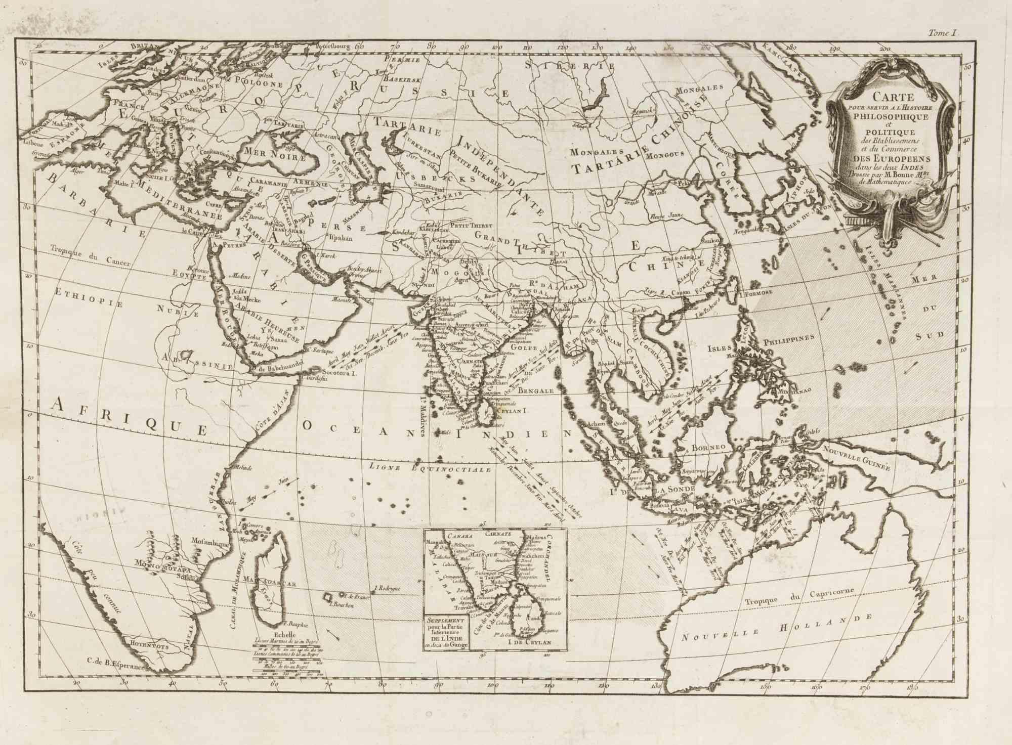 Aguafuerte sobre papel.

De Guillaume-Thomas Raynal, Histoire philosophique et politique des établissemens et du commerce des Européens dans les deux Indes, Ginebra 1780.

Este interesante mapamundi abarca casi todas las masas continentales de