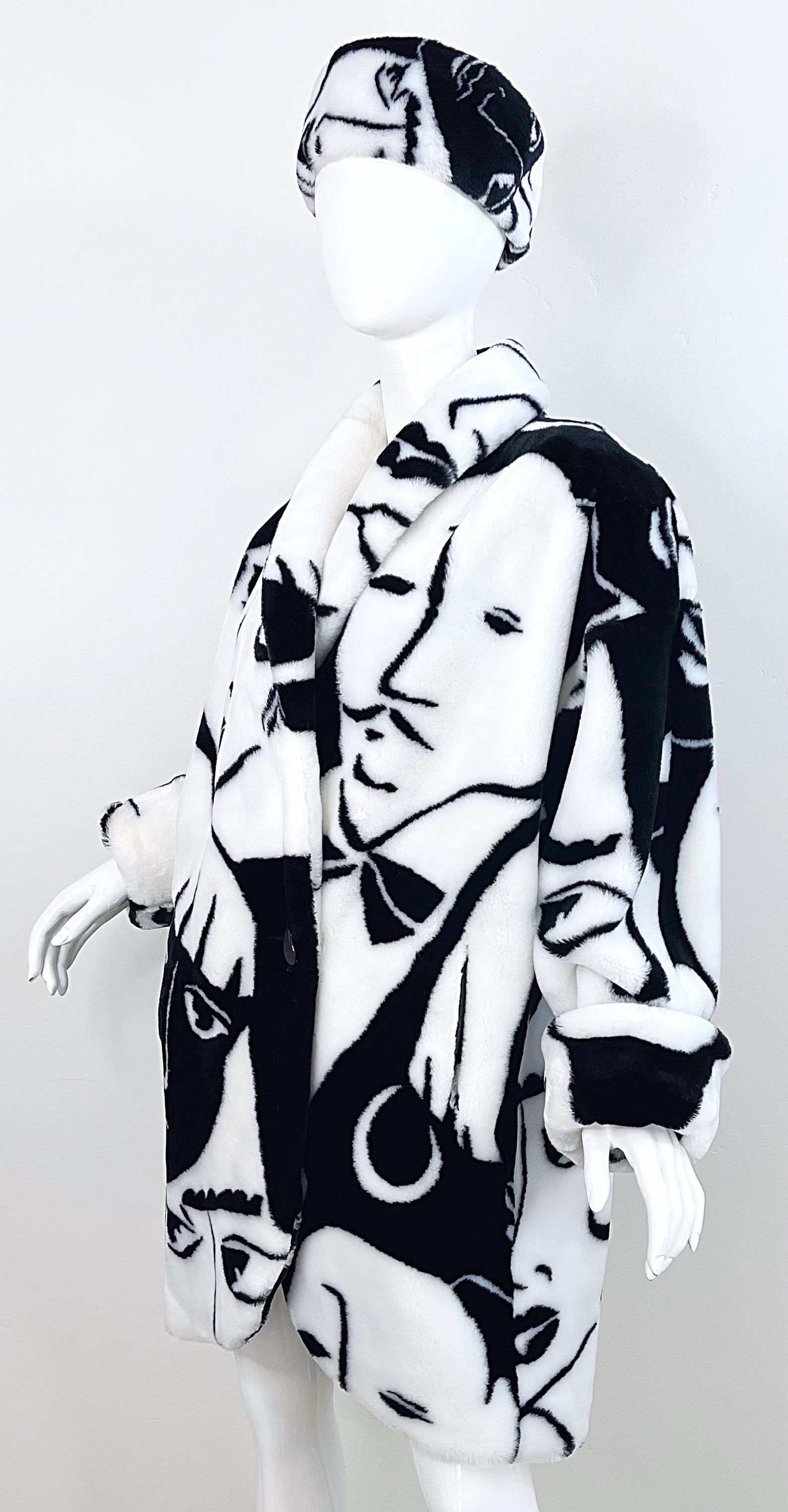 Rihanna’s Avant Garde Faux Fur Face Print Black and White 1980s Jacket 80s Coat For Sale 6