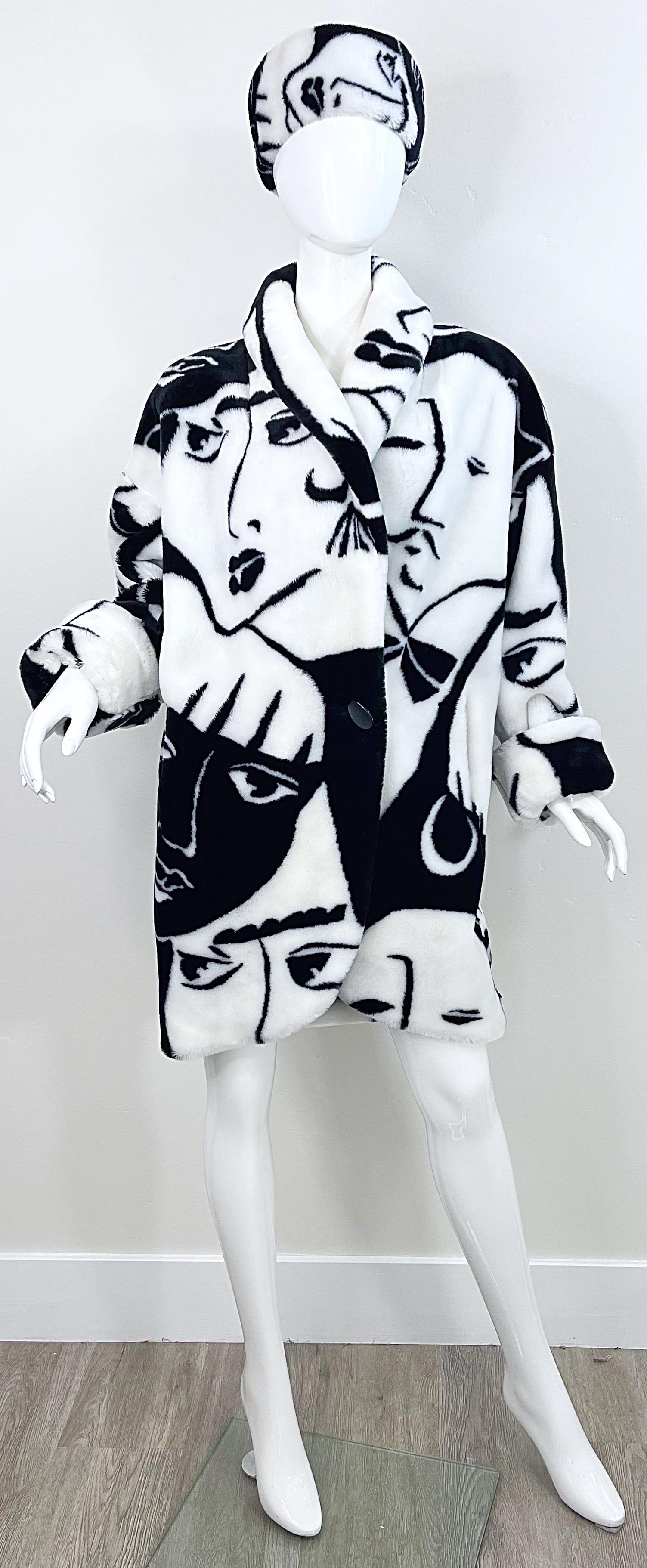Chaqueta Avant Garde de Rihanna de piel sintética con estampado de caras en blanco y negro de los años 80 Abrigo de los años 80 9