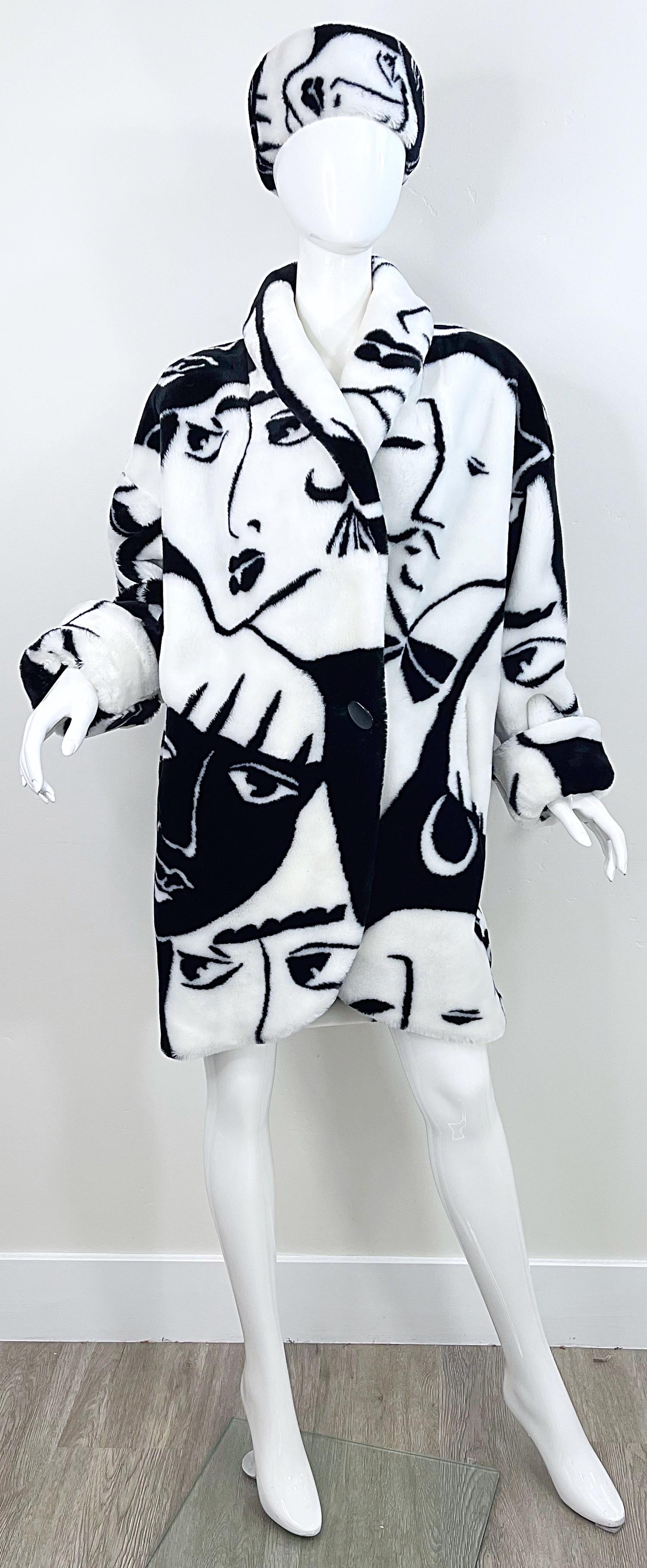 Rihanna’s Avant Garde Faux Fur Face Print Black and White 1980s Jacket 80s Coat For Sale 11