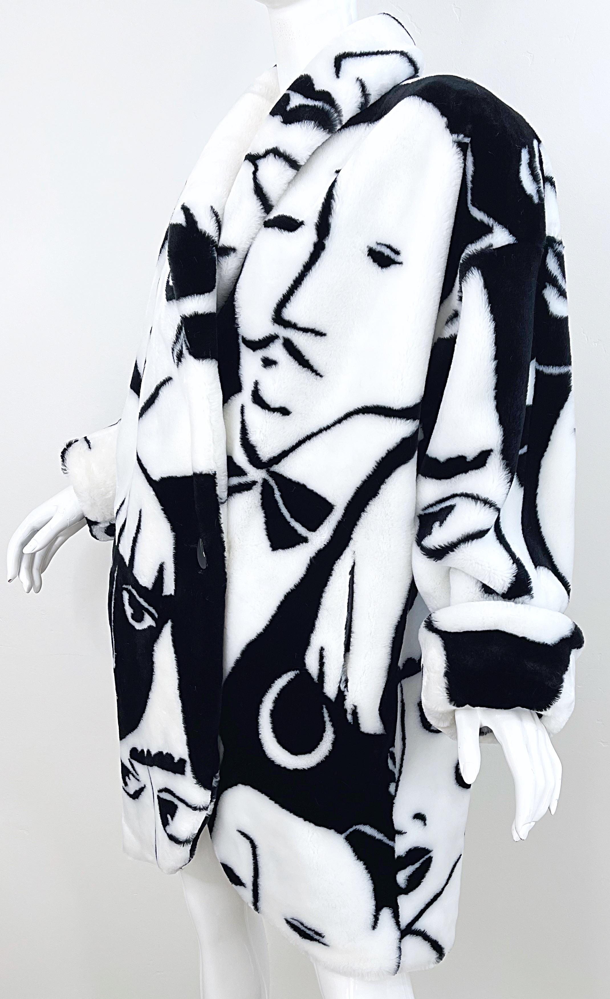 Rihanna’s Avant Garde Faux Fur Face Print Black and White 1980s Jacket 80s Coat For Sale 2