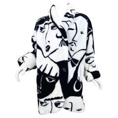 Chaqueta Avant Garde de Rihanna de piel sintética con estampado de caras en blanco y negro de los años 80 Abrigo de los años 80