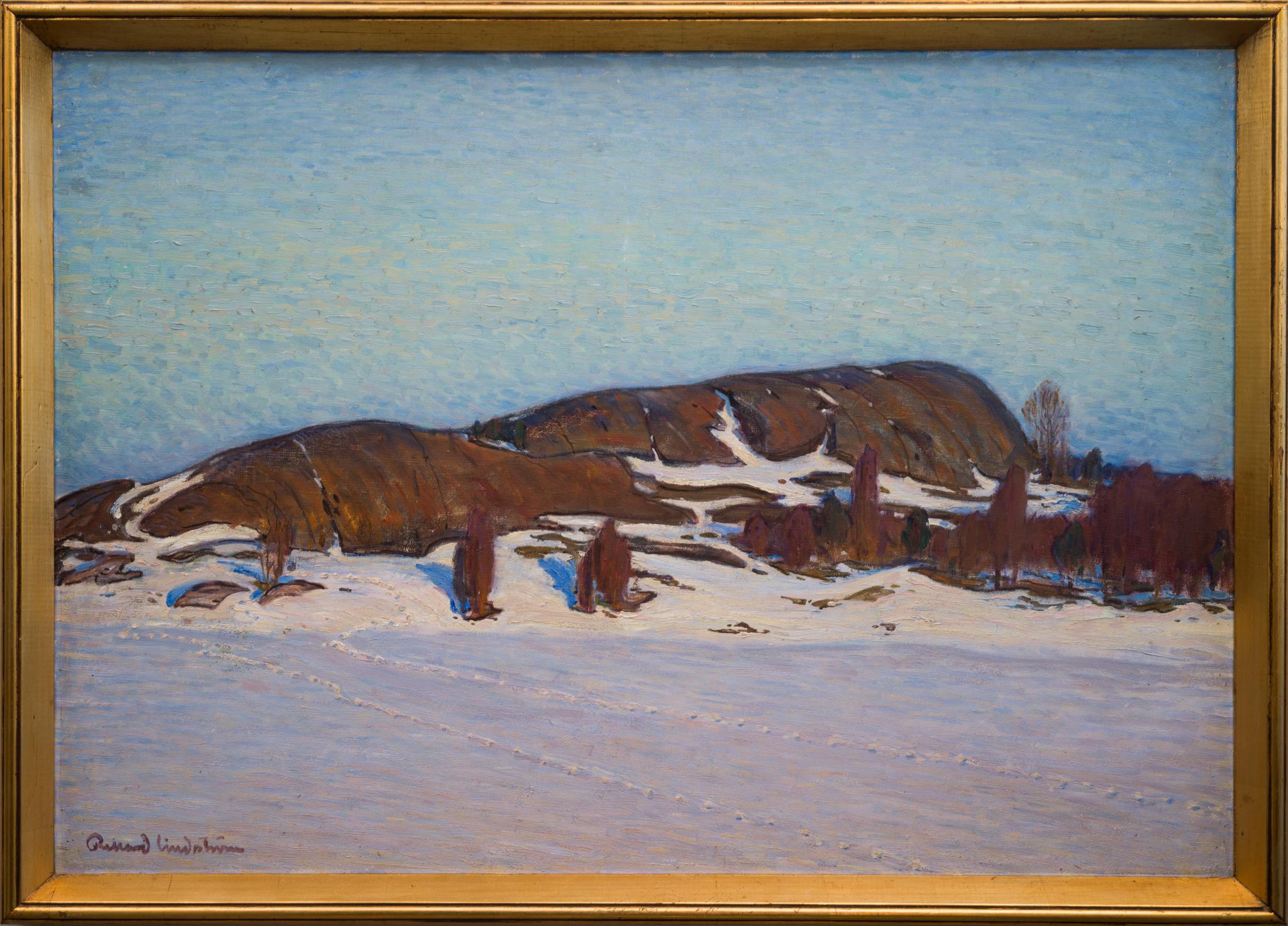 Depicting a winter wonderland, this piece mesmerizes the viewer with its turquoise sky - a bold and unique choice that draws the eyes upwards. But the narrative is more profound. Set against this sky is a distant, rugged stone hill, standing as a