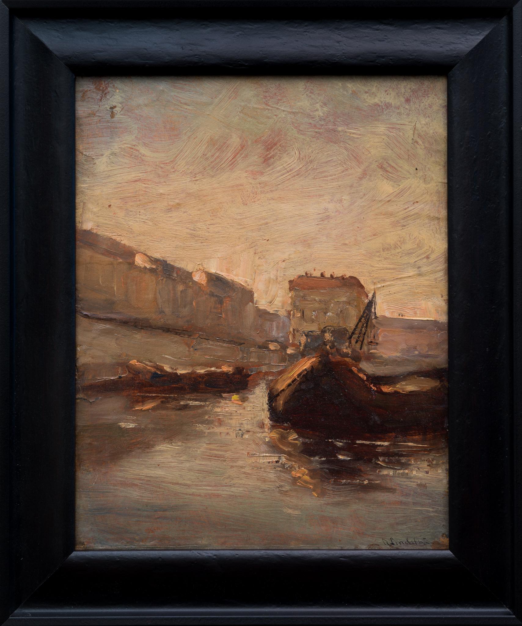 Canal-Szene, möglicherweise Paris. Gemalt Anfang 1900 – Painting von Rikard Lindström