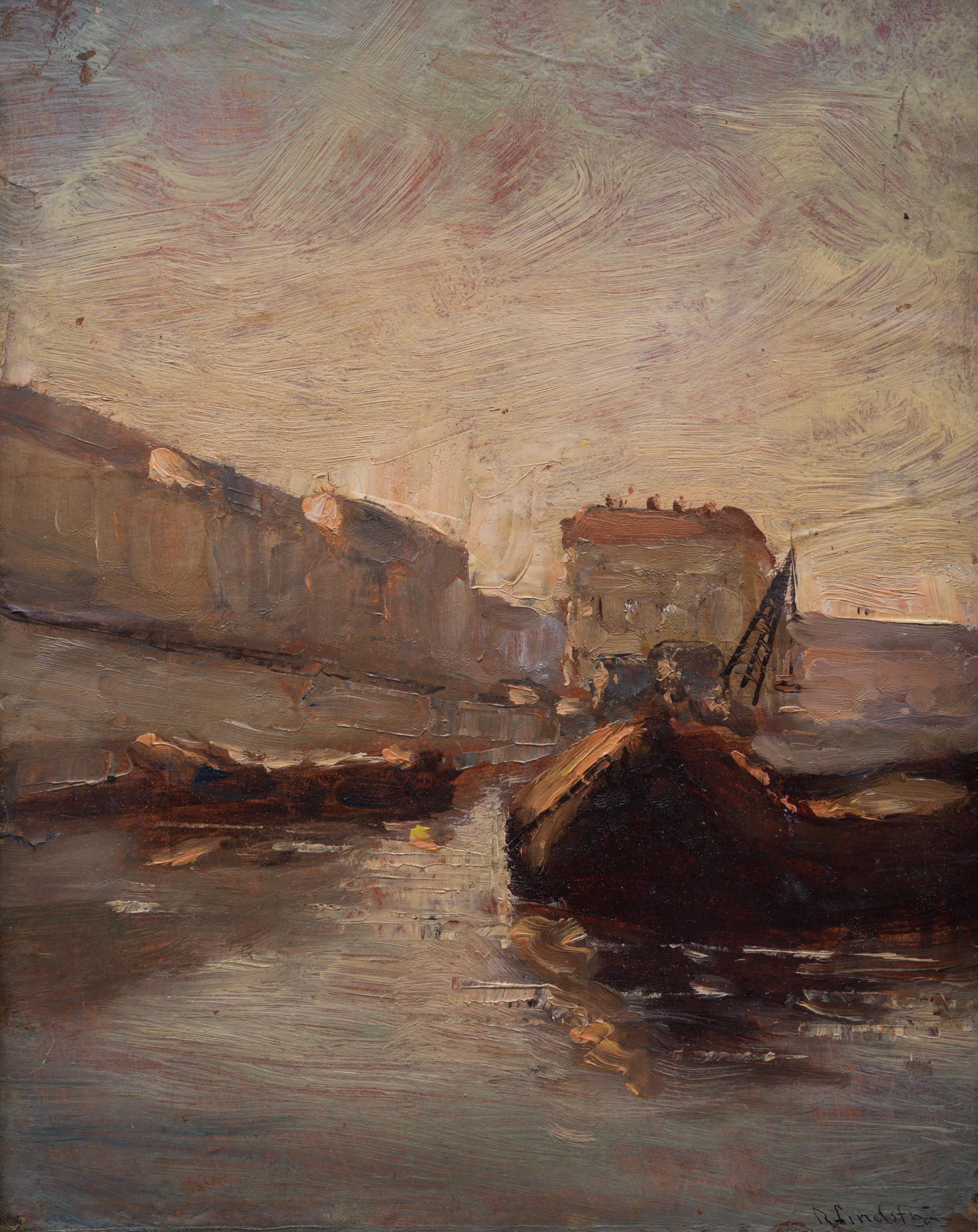 Rikard Lindström Landscape Painting – Canal-Szene, möglicherweise Paris. Gemalt Anfang 1900