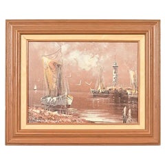 Rikard Lindström Original signiert Ölgemälde von Schiffen im Hafen In Holzrahmen