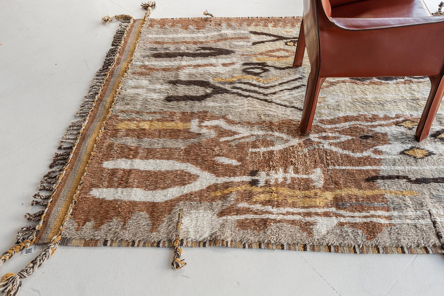 Rikasa is a luxurious wool with amorphous shapes in subtle gradations of charcoal, ivory, and cream. Its embossed handwoven wool features a series of free-spirited rugs that feels innately soft underfoot and is enhanced by extraordinary, valiant