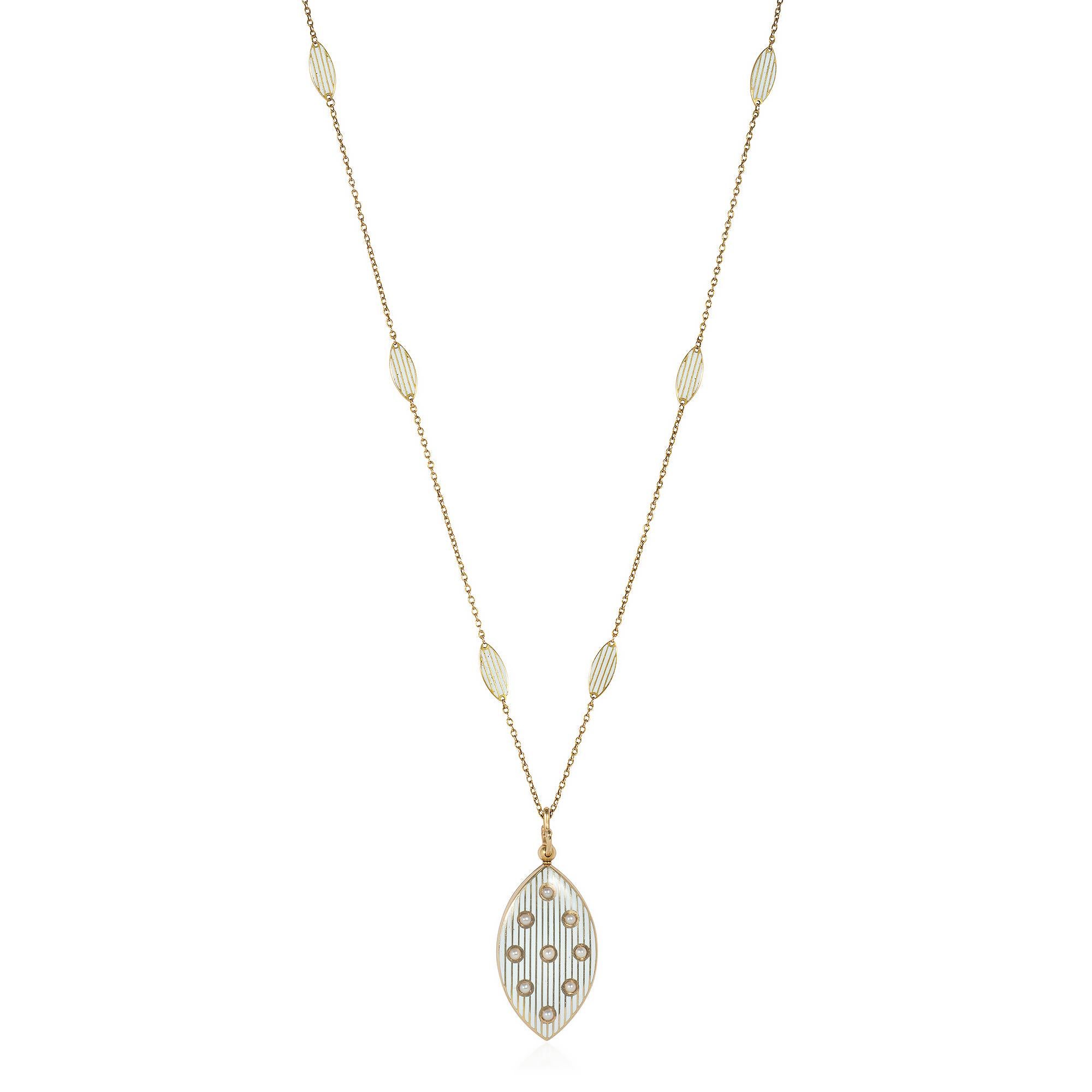 An antique early 20th century gold and enamel pendant necklace comprised of a striped white enamel and gold navette-shaped locket set with half pearls and suspending from a matching long chain with navette-shaped enamel striped plaques, in 14k. 