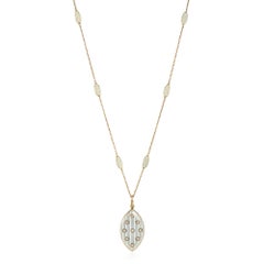 Riker Bros. Antique Gold, White Enamel, and Pearl Locket and Chain Necklace