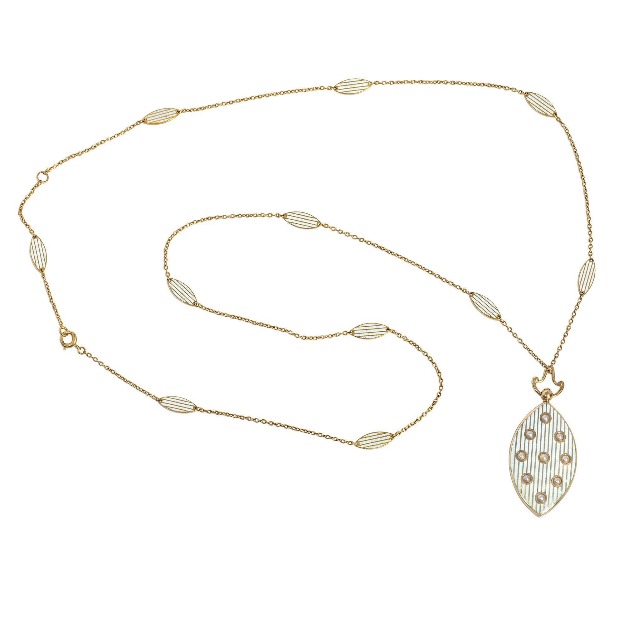 Edwardian Riker Bros. Antique Gold, White Enamel, and Pearl Locket and Chain Necklace For Sale