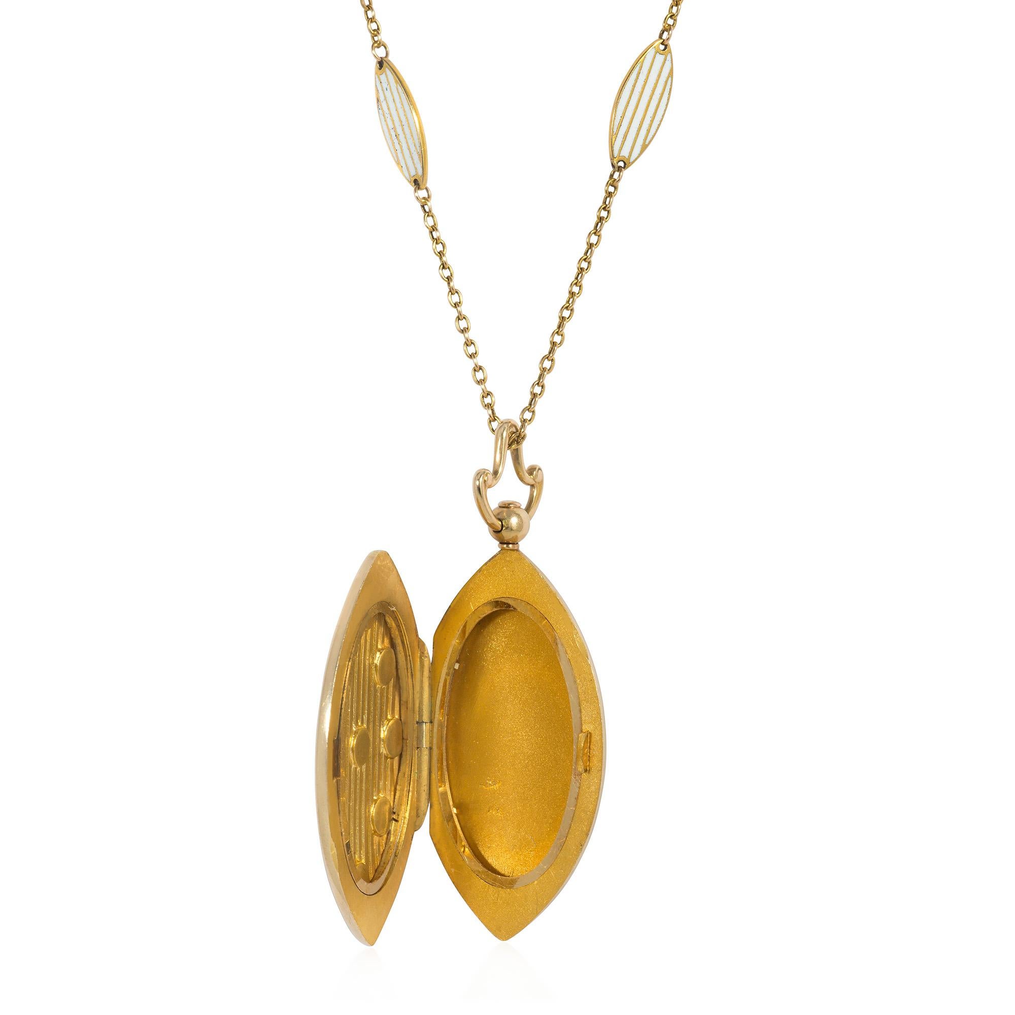 Bead Riker Bros. Antique Gold, White Enamel, and Pearl Locket and Chain Necklace For Sale