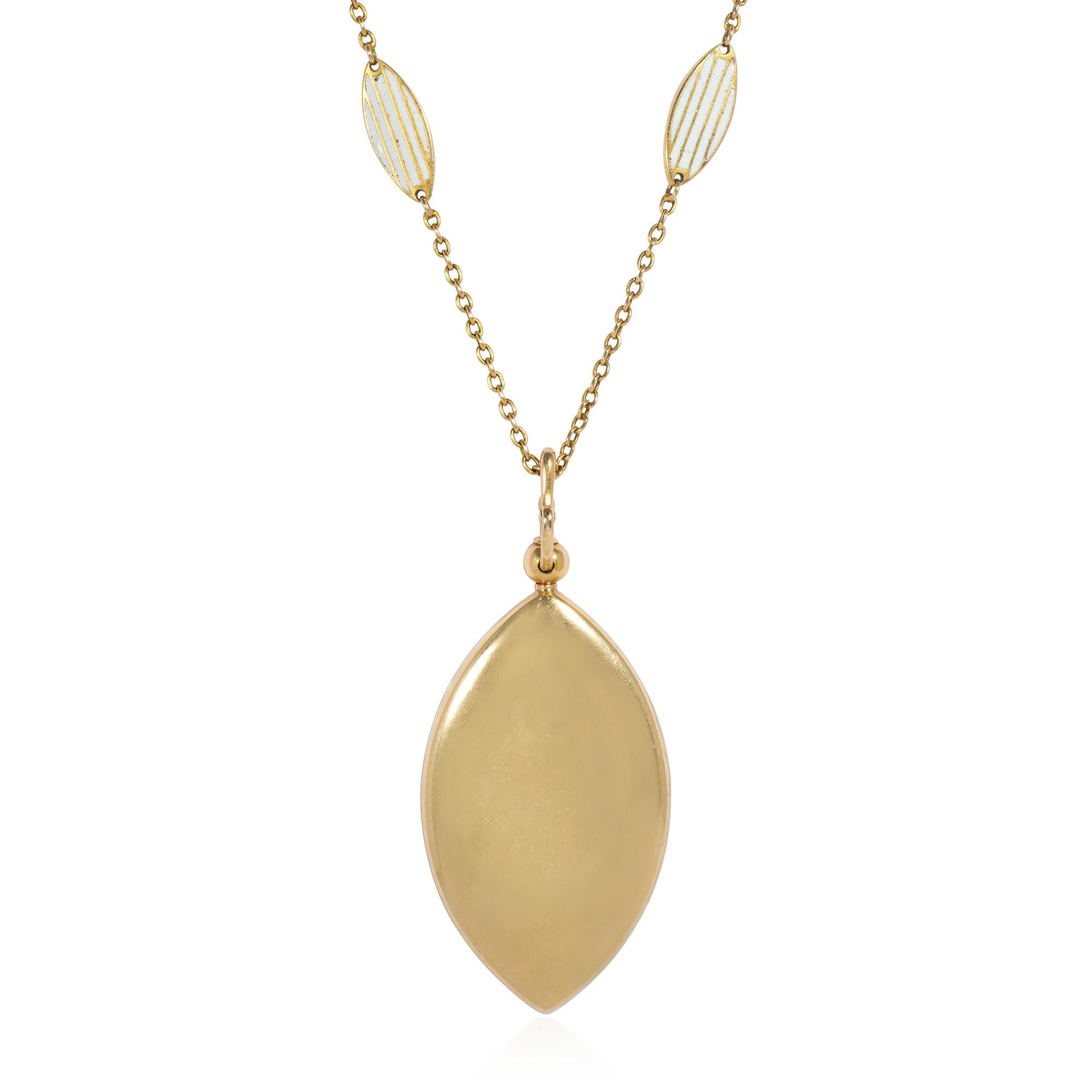 Riker Bros. Antique Gold, White Enamel, and Pearl Locket and Chain Necklace In Good Condition For Sale In New York, NY