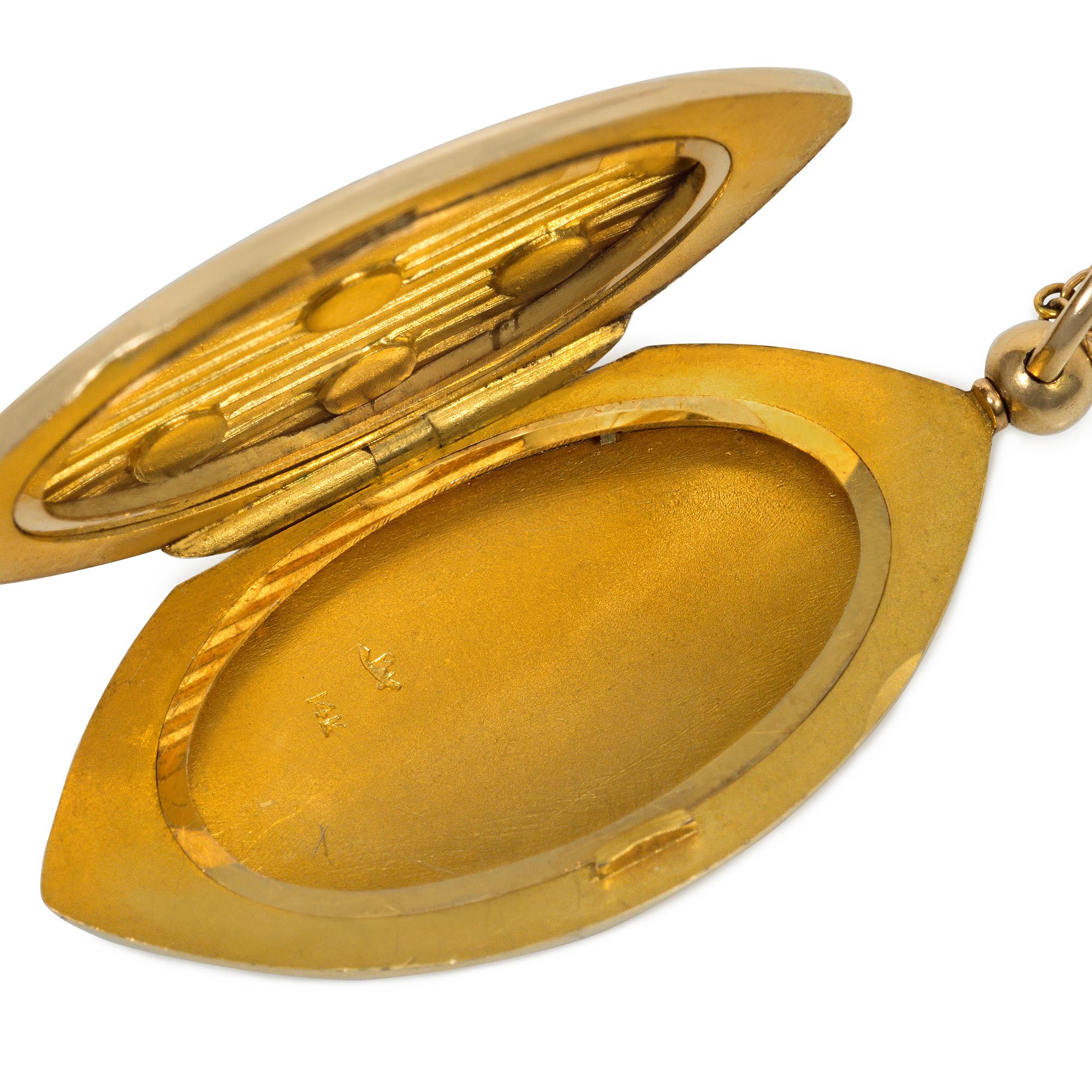 Women's or Men's Riker Bros. Antique Gold, White Enamel, and Pearl Locket and Chain Necklace For Sale