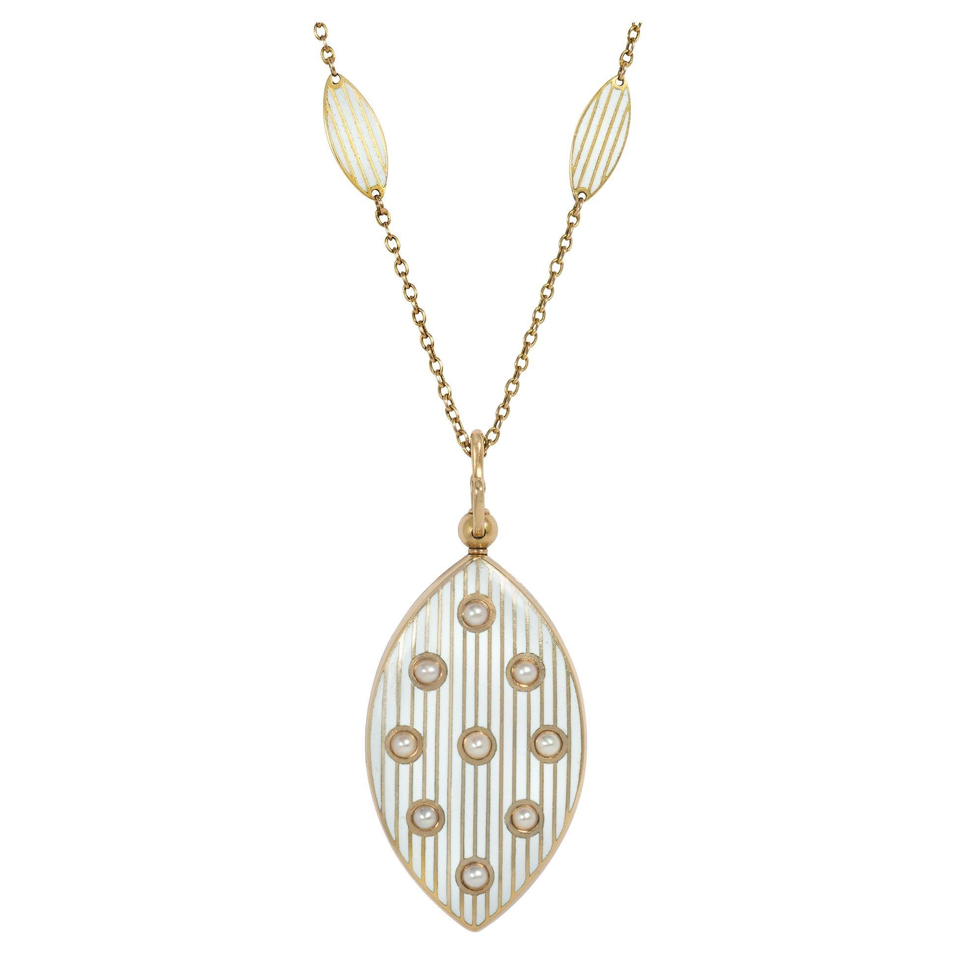 Riker Bros. Antique Gold, White Enamel, and Pearl Locket and Chain Necklace