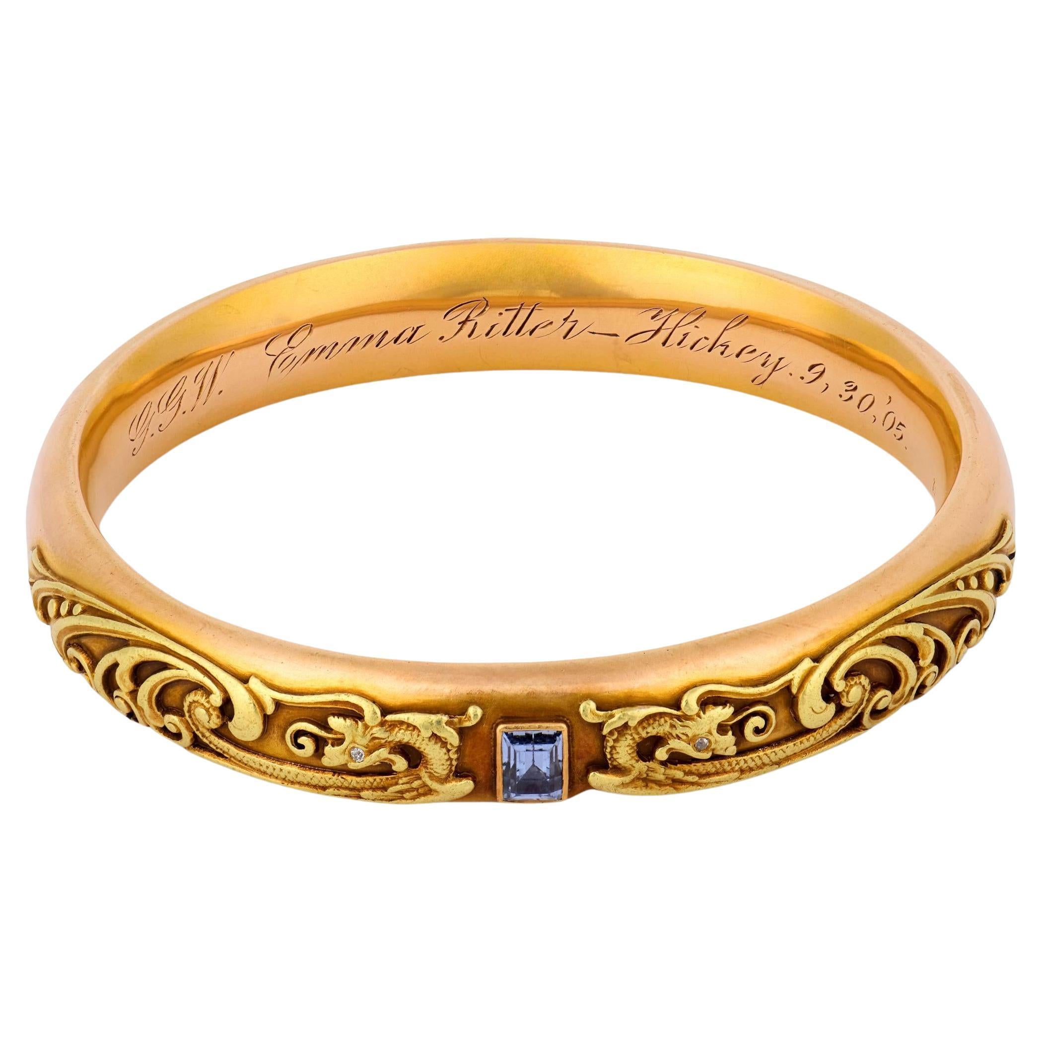 RIKER BROS. Art Nouveau 14k Diamond & Aqua Dragon-Motif Bangle For Sale