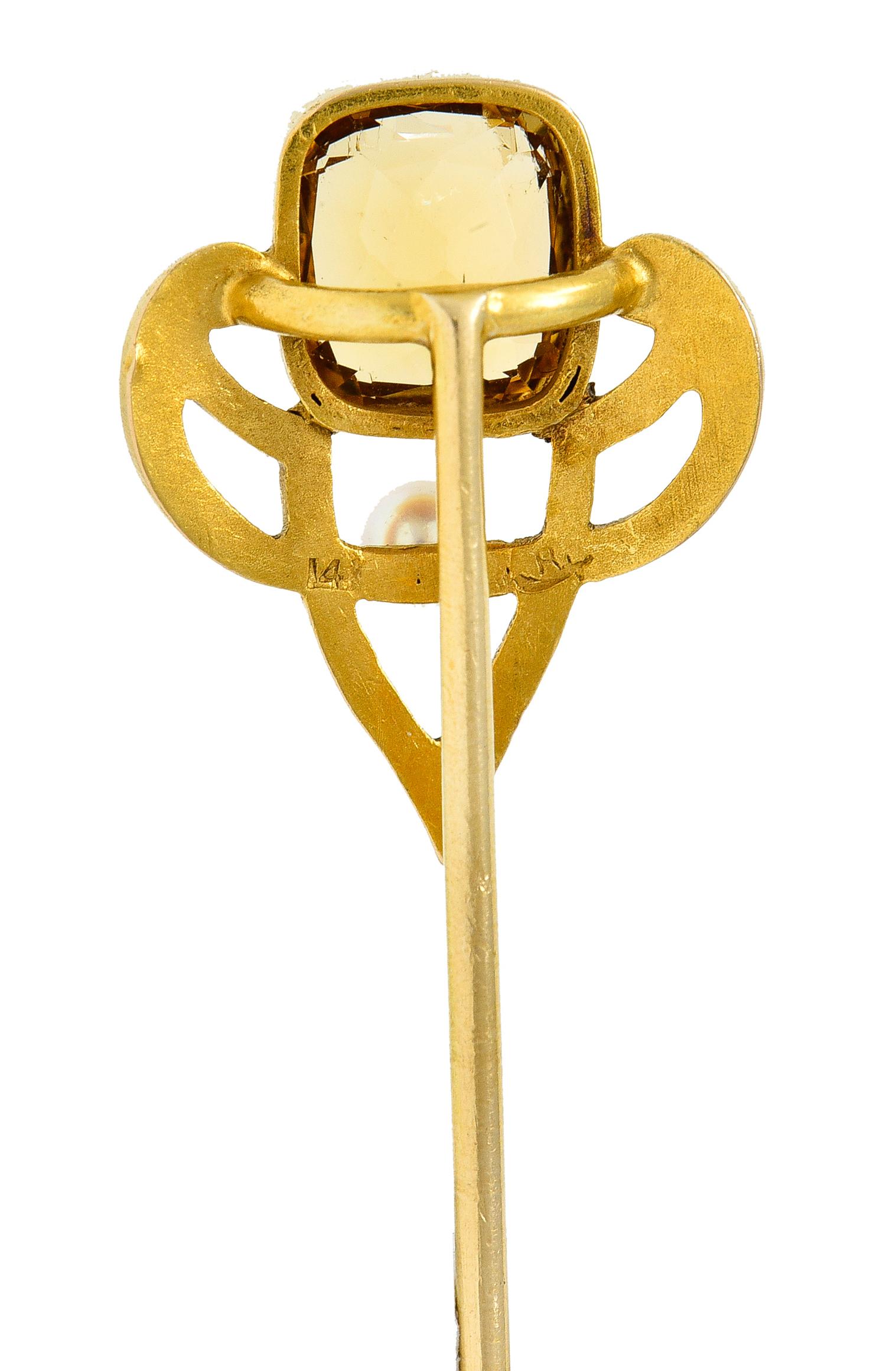 Cushion Cut Riker Bros. Art Nouveau 1.73 Carats Heliodor Pearl 14 Karat Yellow Gold Stickpin For Sale