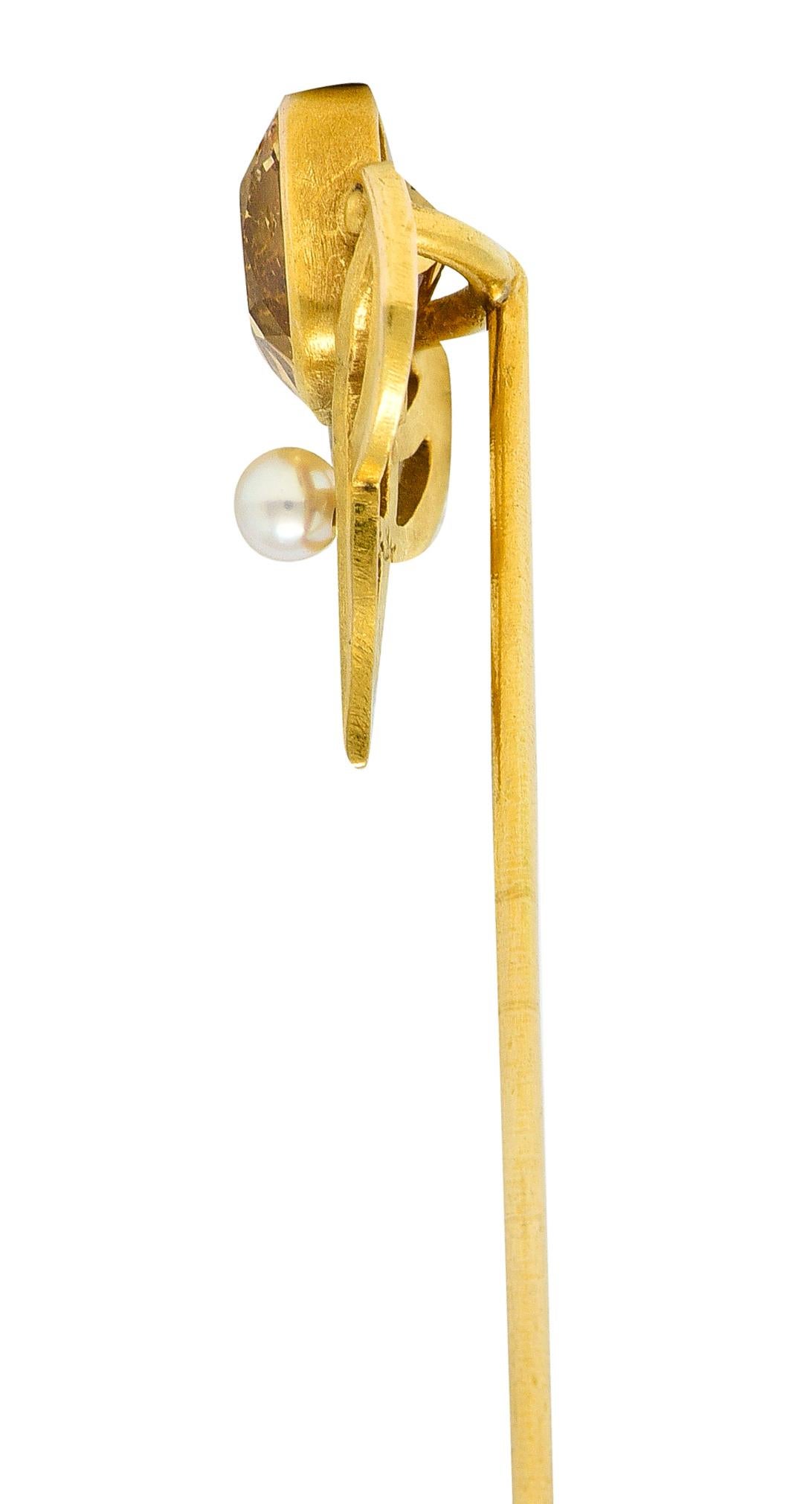 Riker Bros. Art Nouveau 1.73 Carats Heliodor Pearl 14 Karat Yellow Gold Stickpin In Excellent Condition For Sale In Philadelphia, PA