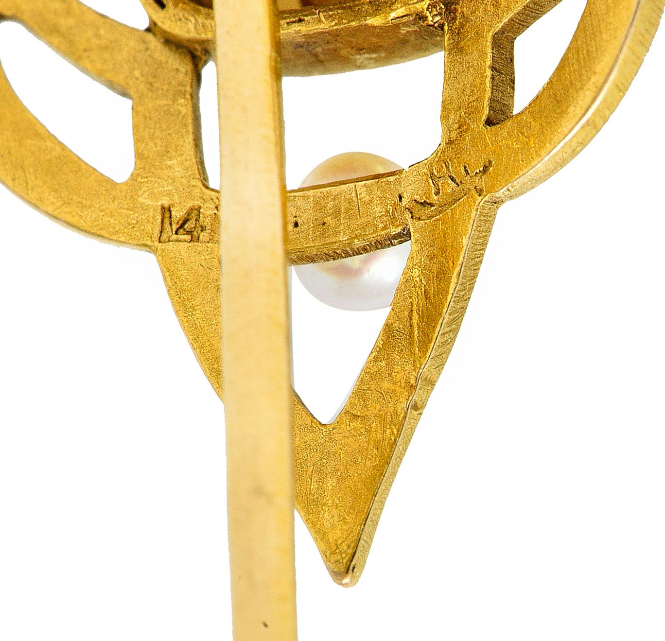 Riker Bros. Art Nouveau 1.73 Carats Heliodor Pearl 14 Karat Yellow Gold Stickpin For Sale 1