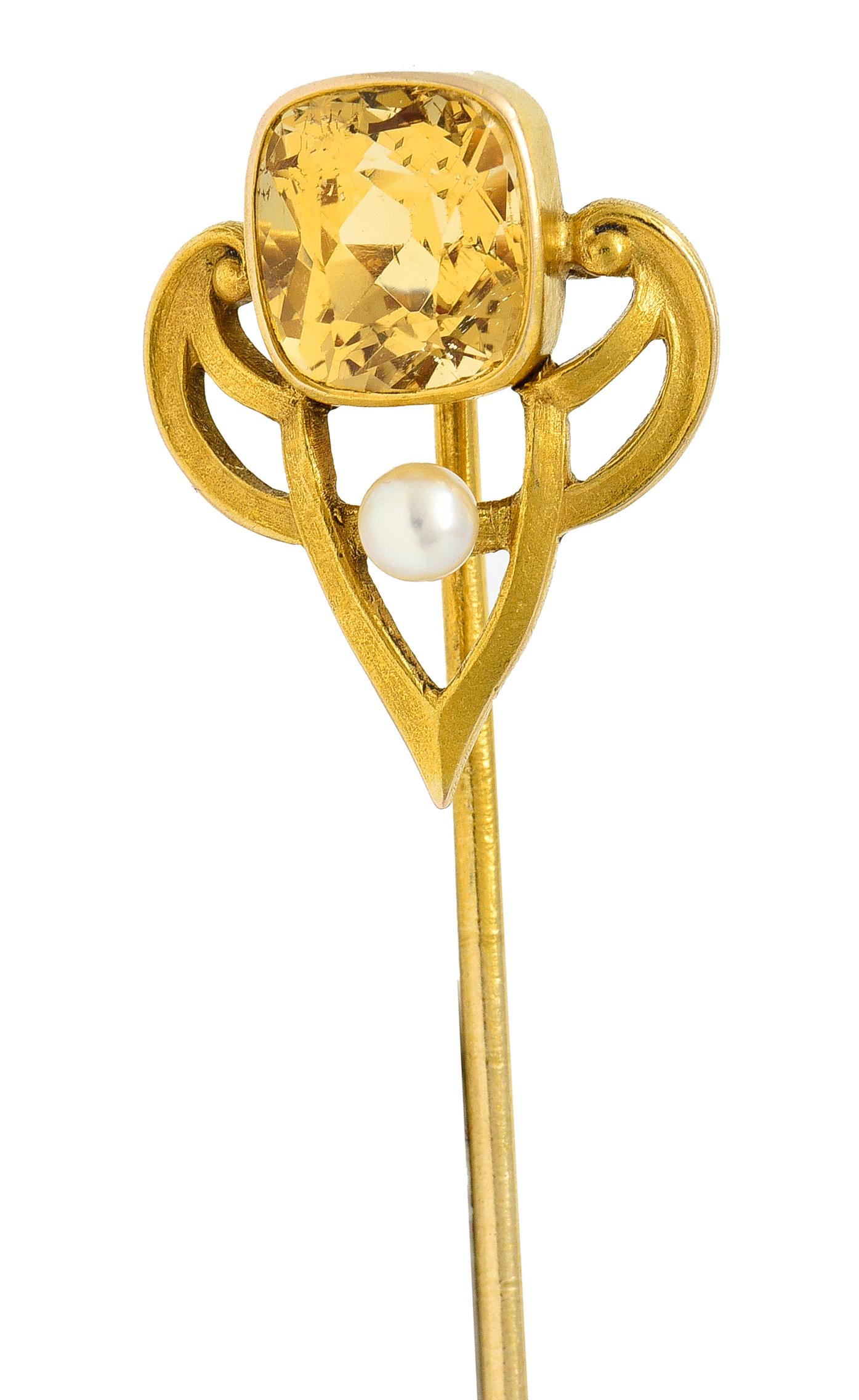 Riker Bros. Art Nouveau 1.73 Carats Heliodor Pearl 14 Karat Yellow Gold Stickpin For Sale 2