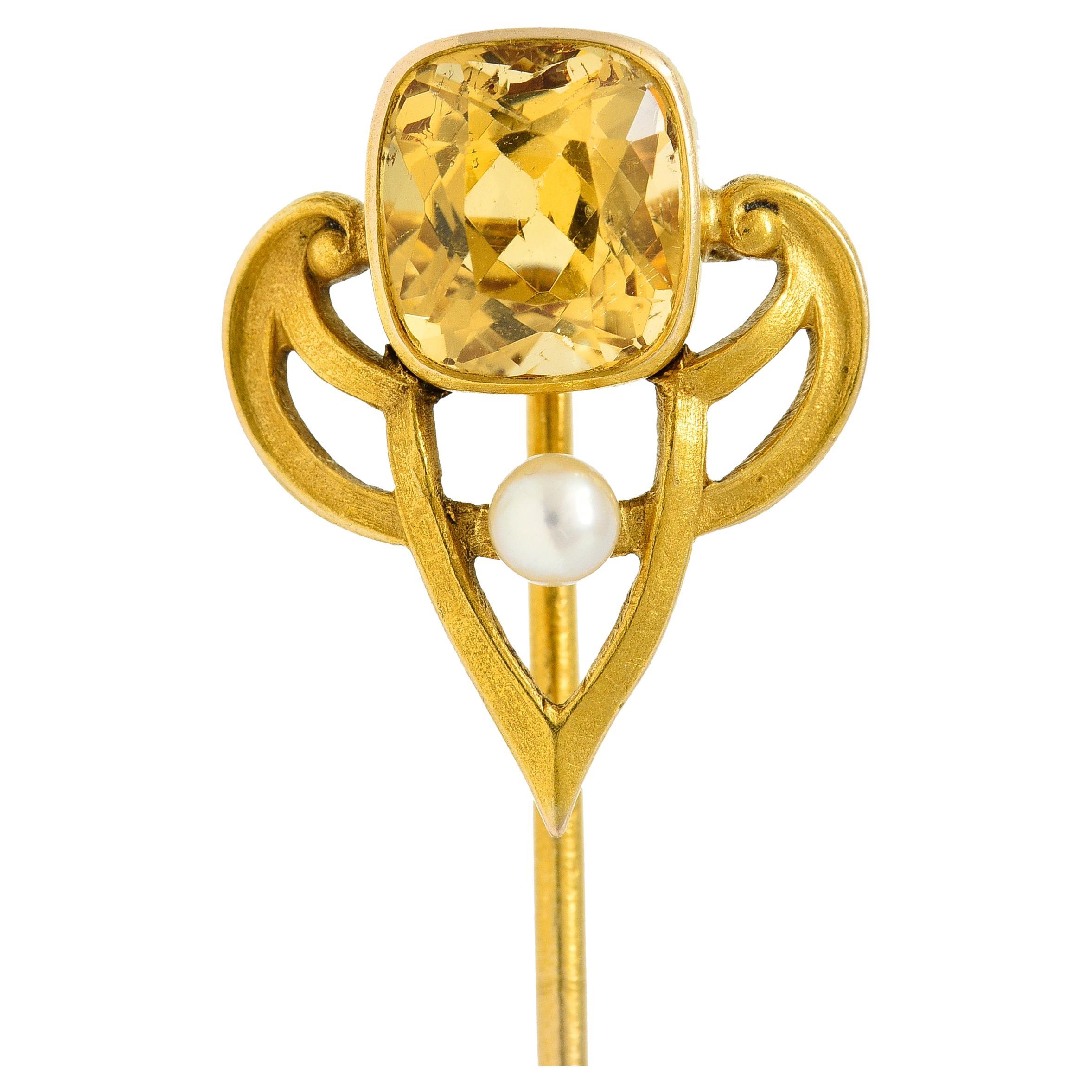 Riker Bros. Art Nouveau 1.73 Carats Heliodor Pearl 14 Karat Yellow Gold Stickpin For Sale