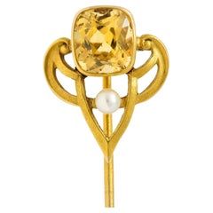 Antique Riker Bros. Art Nouveau 1.73 Carats Heliodor Pearl 14 Karat Yellow Gold Stickpin