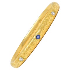 Riker Bros Art Nouveau 1913 Sapphire Diamond 18K Gold Antique Bangle Bracelet