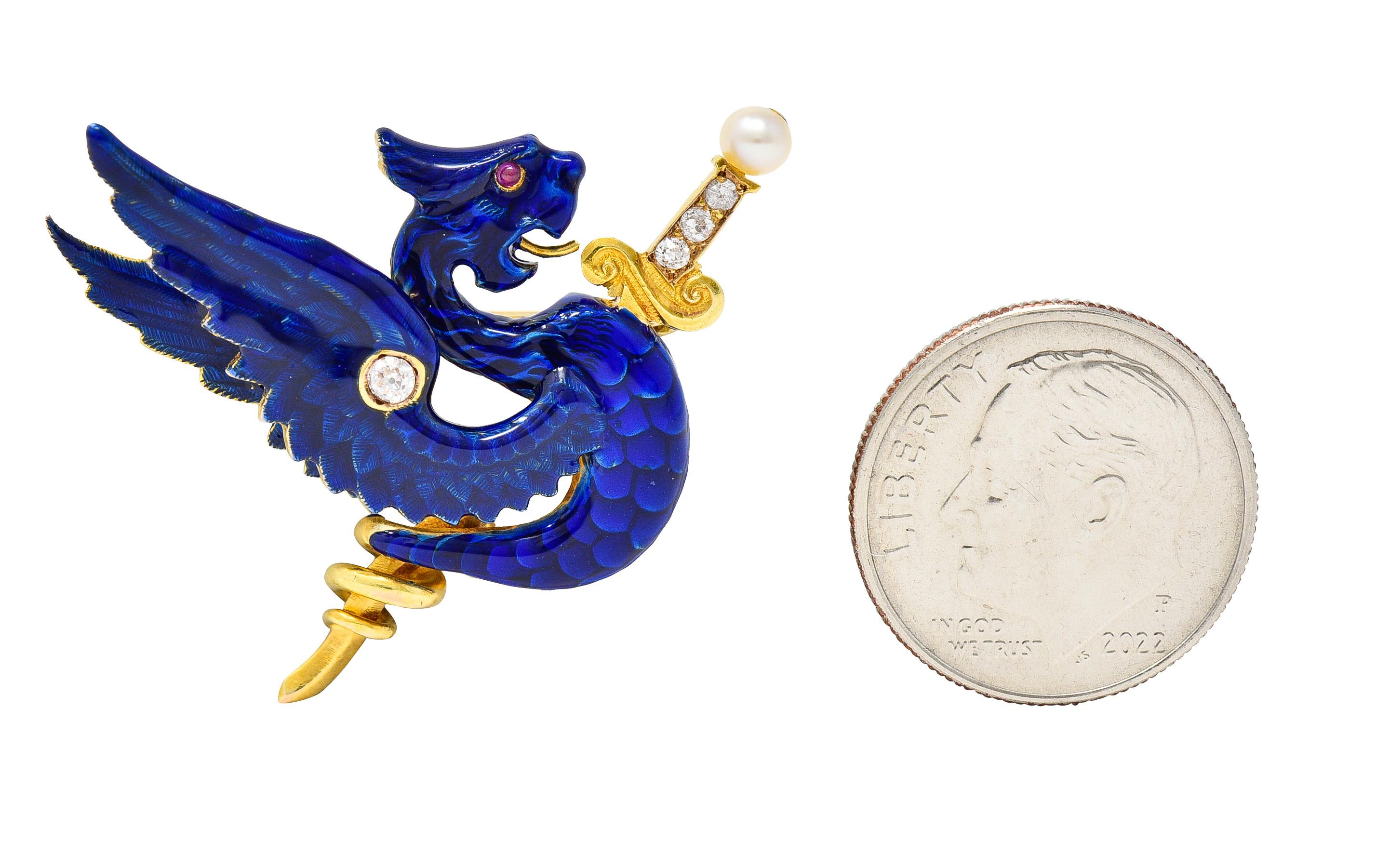 Riker Bros Art Nouveau Diamond Blue Enamel 14 Karat Gold Serpent Dragon Brooch For Sale 3