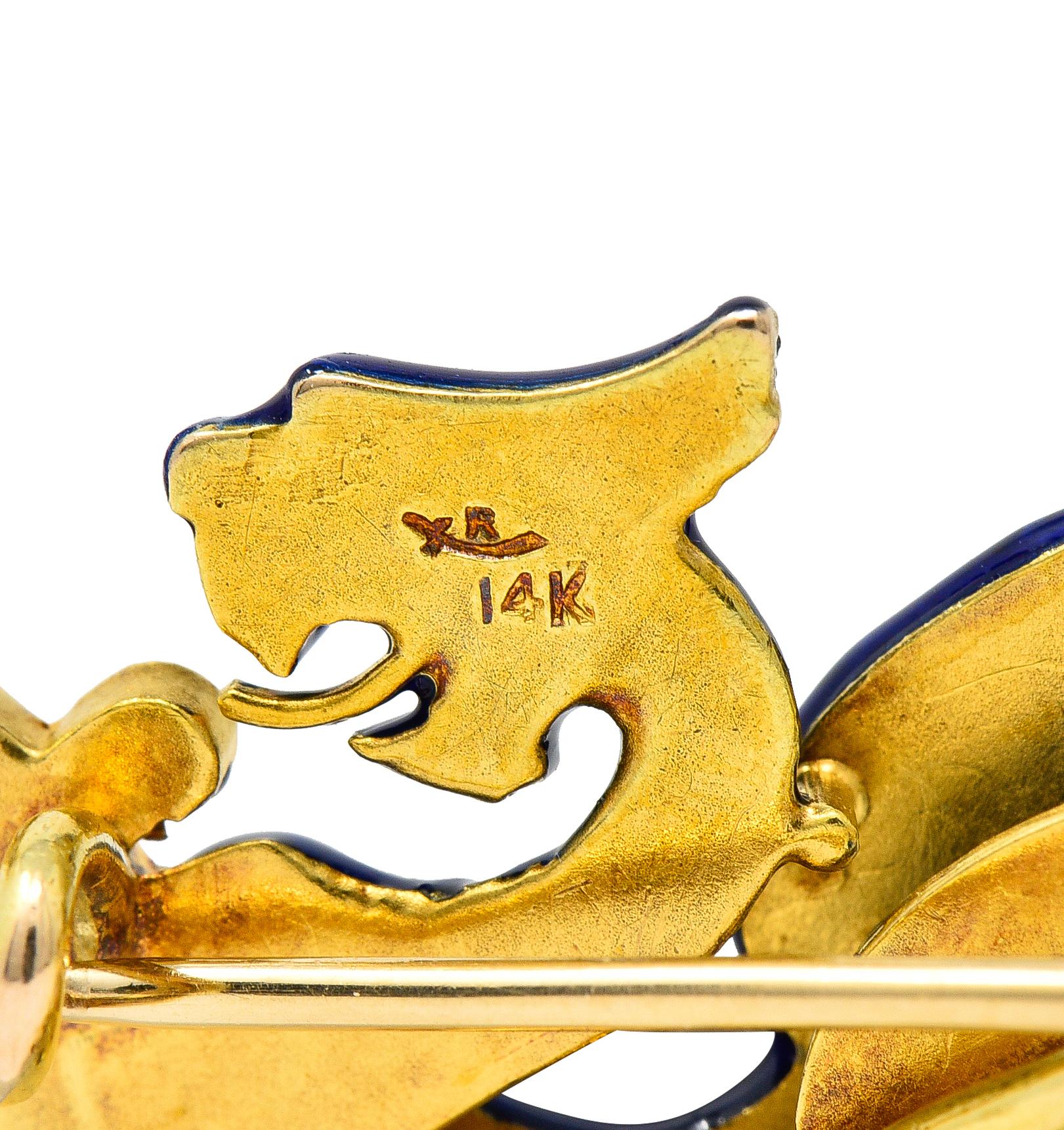 Old European Cut Riker Bros Art Nouveau Diamond Blue Enamel 14 Karat Gold Serpent Dragon Brooch For Sale