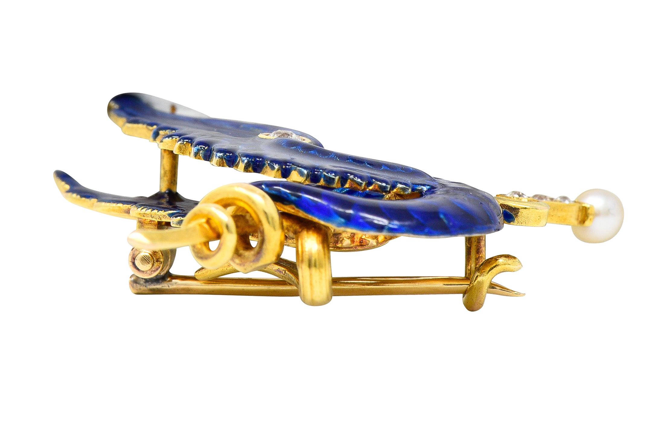 Riker Bros Art Nouveau Diamond Blue Enamel 14 Karat Gold Serpent Dragon Brooch In Excellent Condition For Sale In Philadelphia, PA