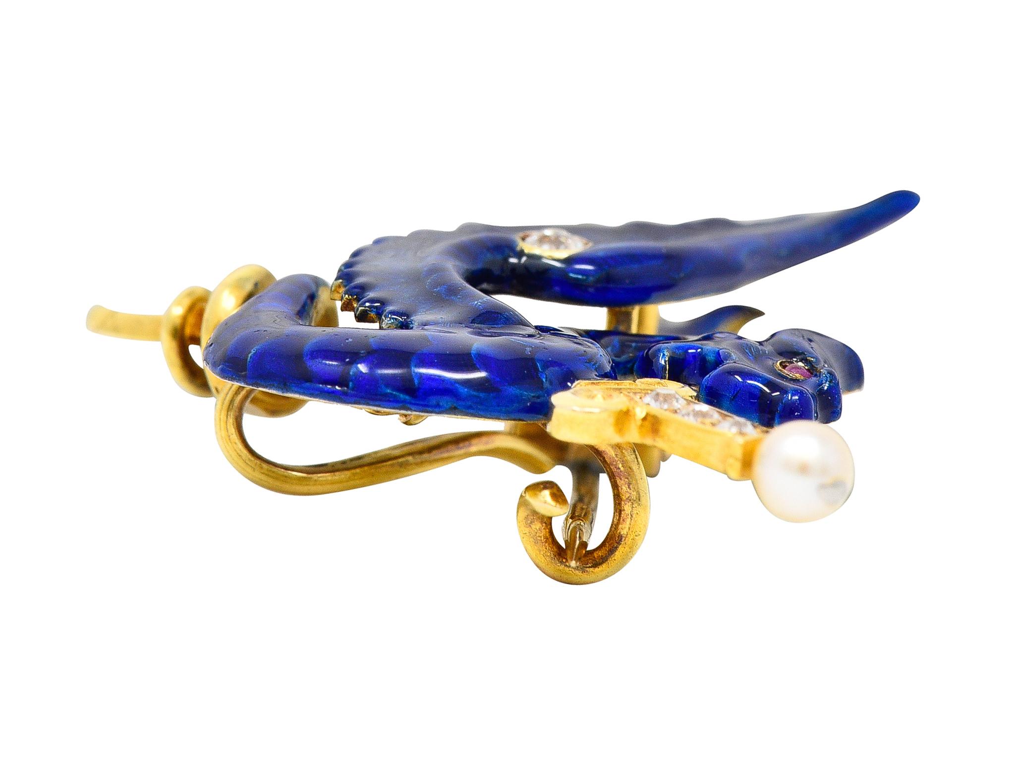 Women's or Men's Riker Bros Art Nouveau Diamond Blue Enamel 14 Karat Gold Serpent Dragon Brooch For Sale