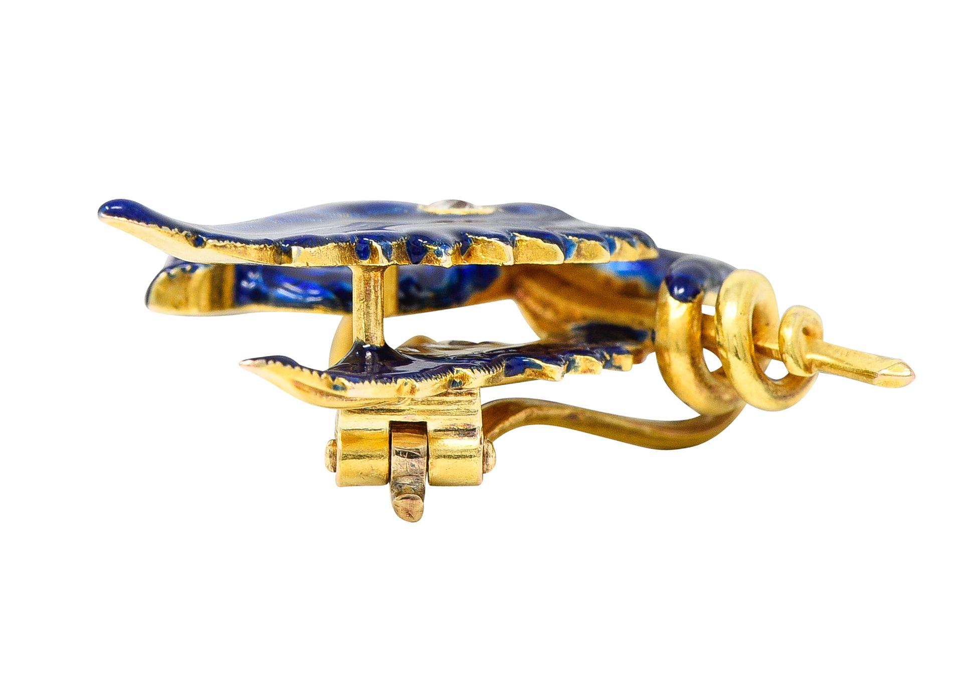 Women's or Men's Riker Bros Art Nouveau Diamond Blue Enamel 14 Karat Gold Serpent Dragon Brooch For Sale